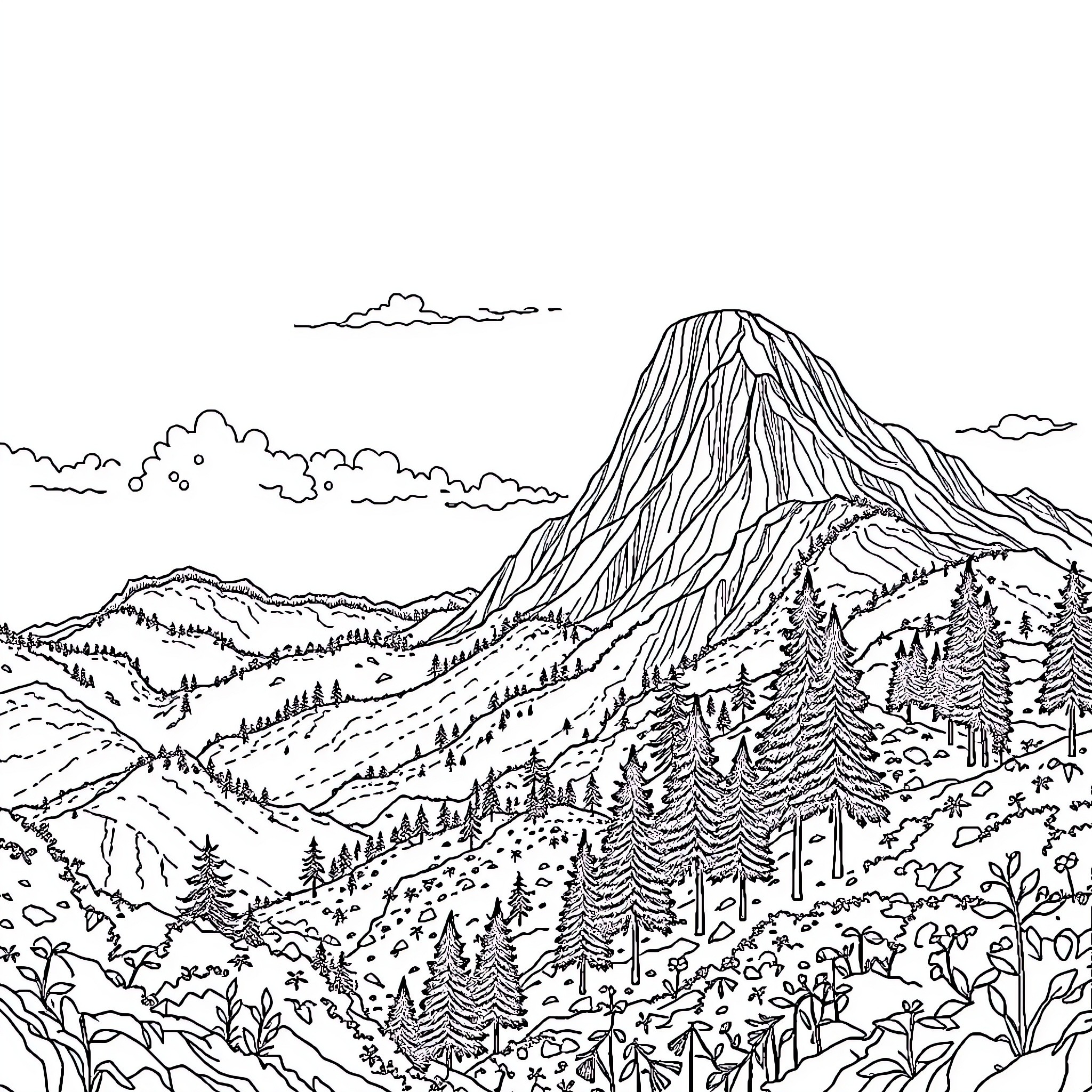Mountain Landscape with Rugged Peaks and Lush Forests Coloring Page (free black-and-white line drawing printable PDF for all, from beginners to advanced learners, including children, teens, adults, and seniors)