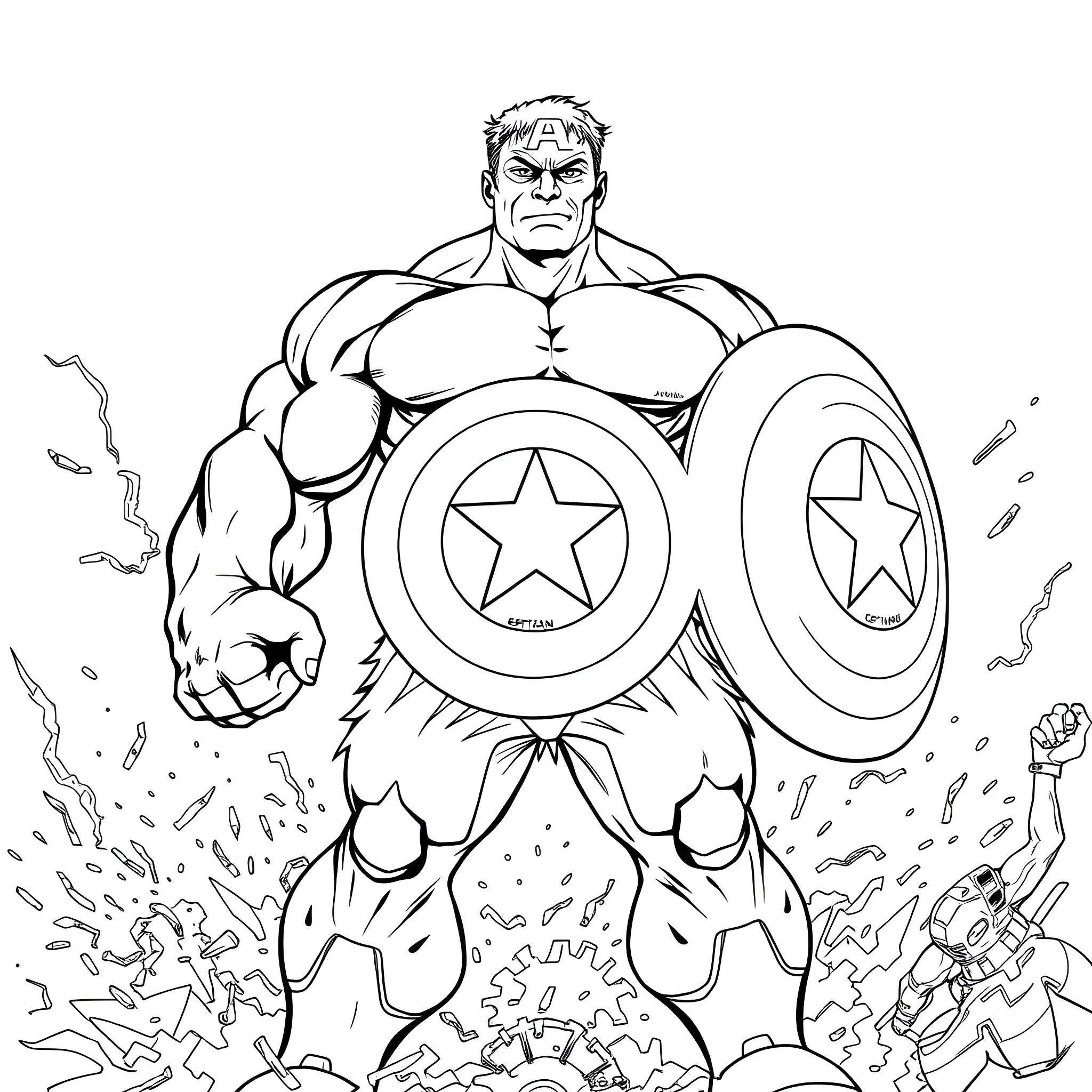 Hulk Smashing through Obstacles with Captain America's Shield Coloring Page (free black-and-white line drawing printable PDF for all, from beginners to advanced learners, including children, teens, adults, and seniors)