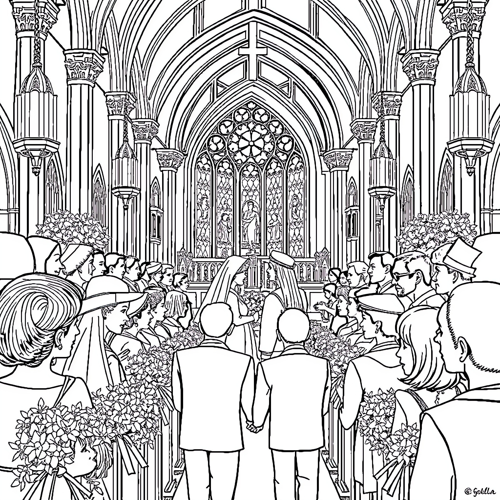 Princess Diana's Memorial Service in a Gothic Cathedral Coloring Page (free black-and-white line drawing printable PDF for all, from beginners to advanced learners, including children, teens, adults, and seniors)