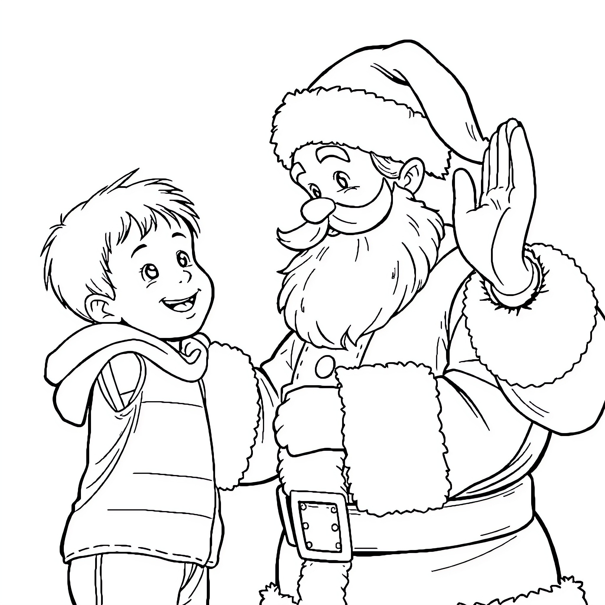 Boy meets Santa Claus in winter wonderland Coloring Page (free black-and-white line drawing printable PDF for all, from beginners to advanced learners, including children, teens, adults, and seniors)