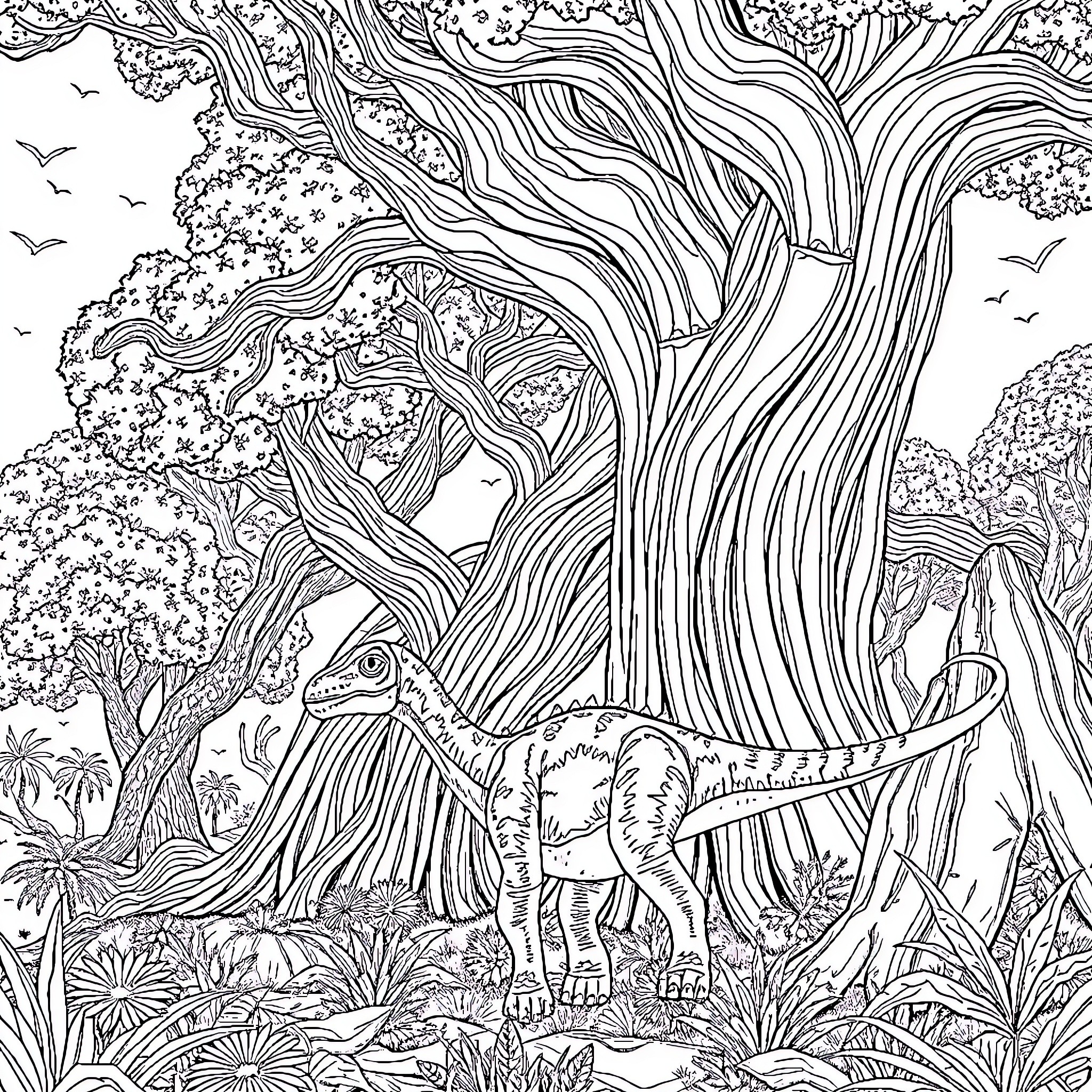 Brontosaurus exploring the ancient forest landscape Coloring Page (free black-and-white line drawing printable PDF for all, from beginners to advanced learners, including children, teens, adults, and seniors)
