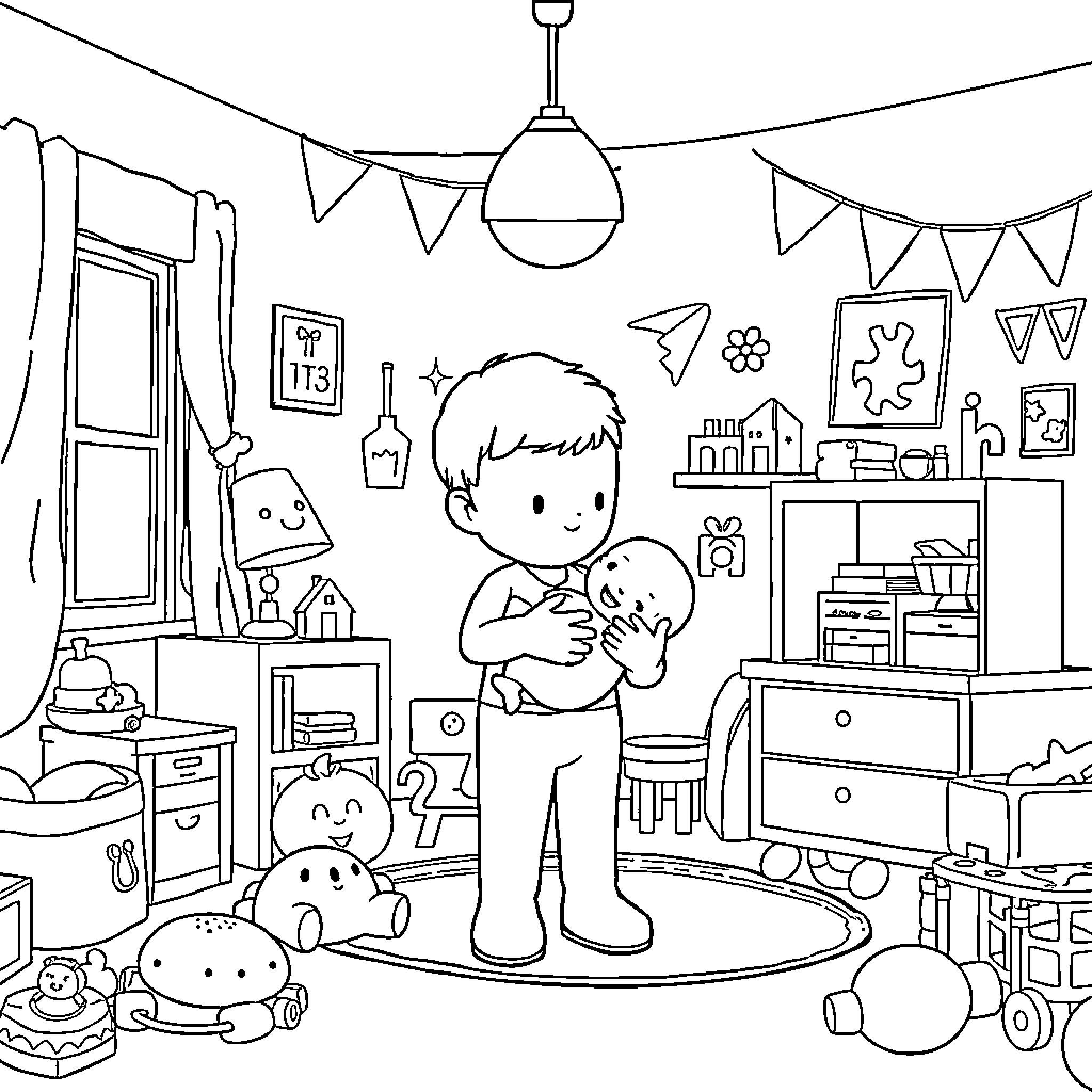 Mini Celebration and Play in a Cozy Room Coloring Page (free black-and-white line drawing printable PDF for all, from beginners to advanced learners, including children, teens, adults, and seniors)
