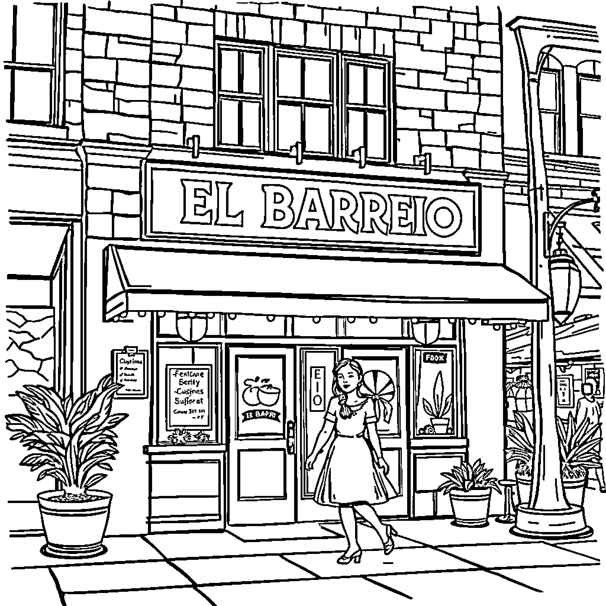 Couple walking by El Barreo storefront Coloring Page (free black-and-white line drawing printable PDF for all, from beginners to advanced learners, including children, teens, adults, and seniors)