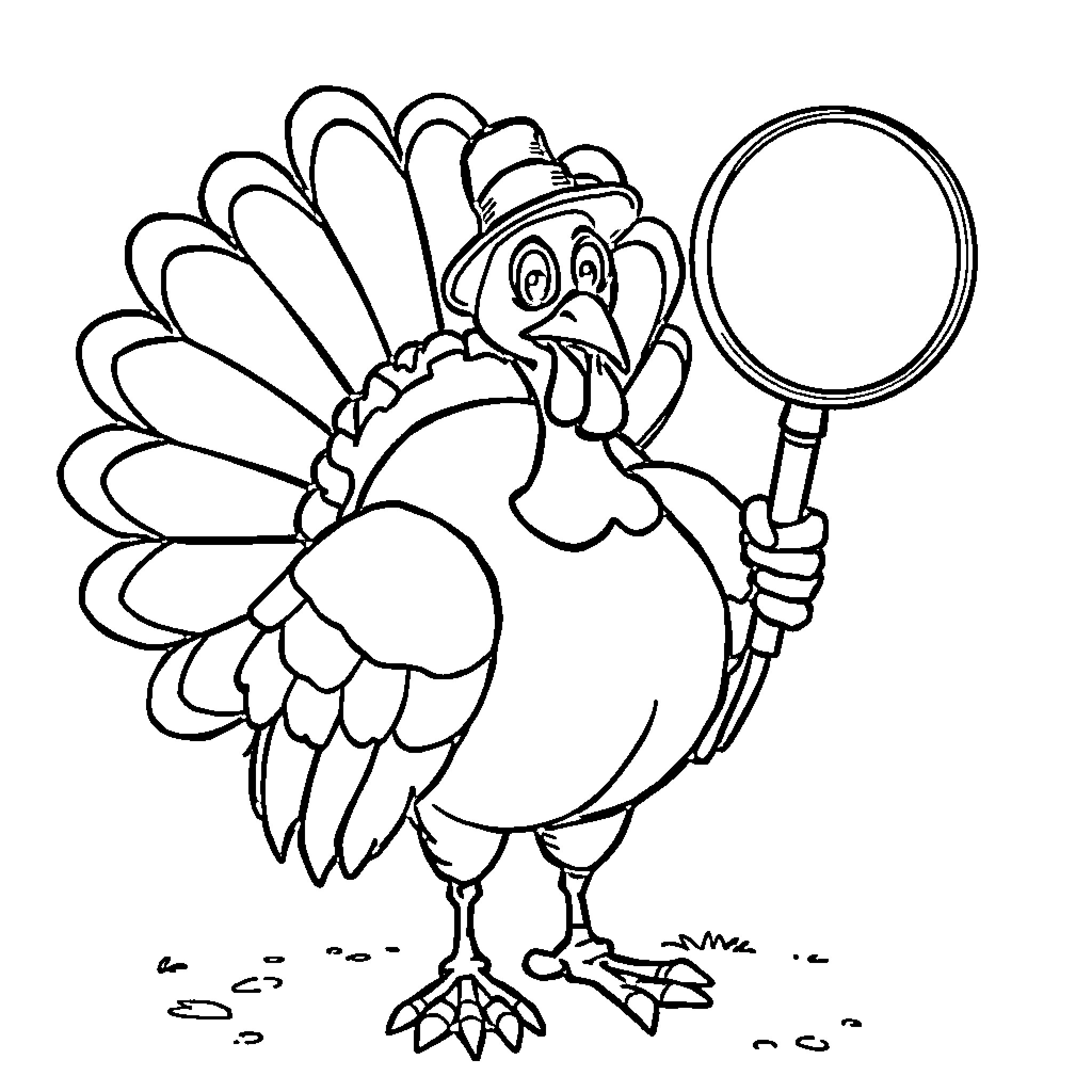 Turkey inspecting itself in a mirror Coloring Page (free black-and-white line drawing printable PDF for all, from beginners to advanced learners, including children, teens, adults, and seniors)