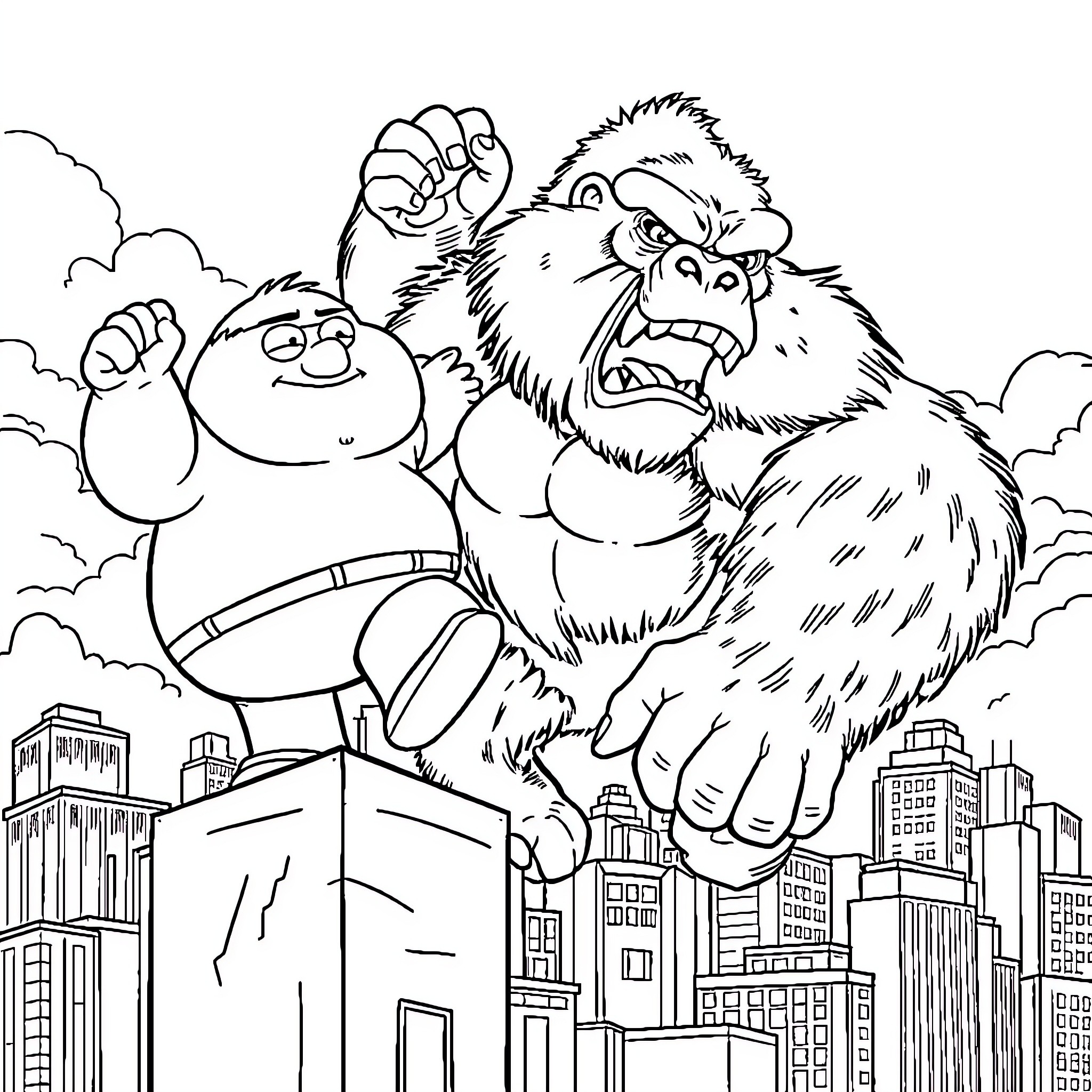 Peter Griffin and the Angry Gorilla Rampaging Through the City Coloring Page (free black-and-white line drawing printable PDF for all, from beginners to advanced learners, including children, teens, adults, and seniors)