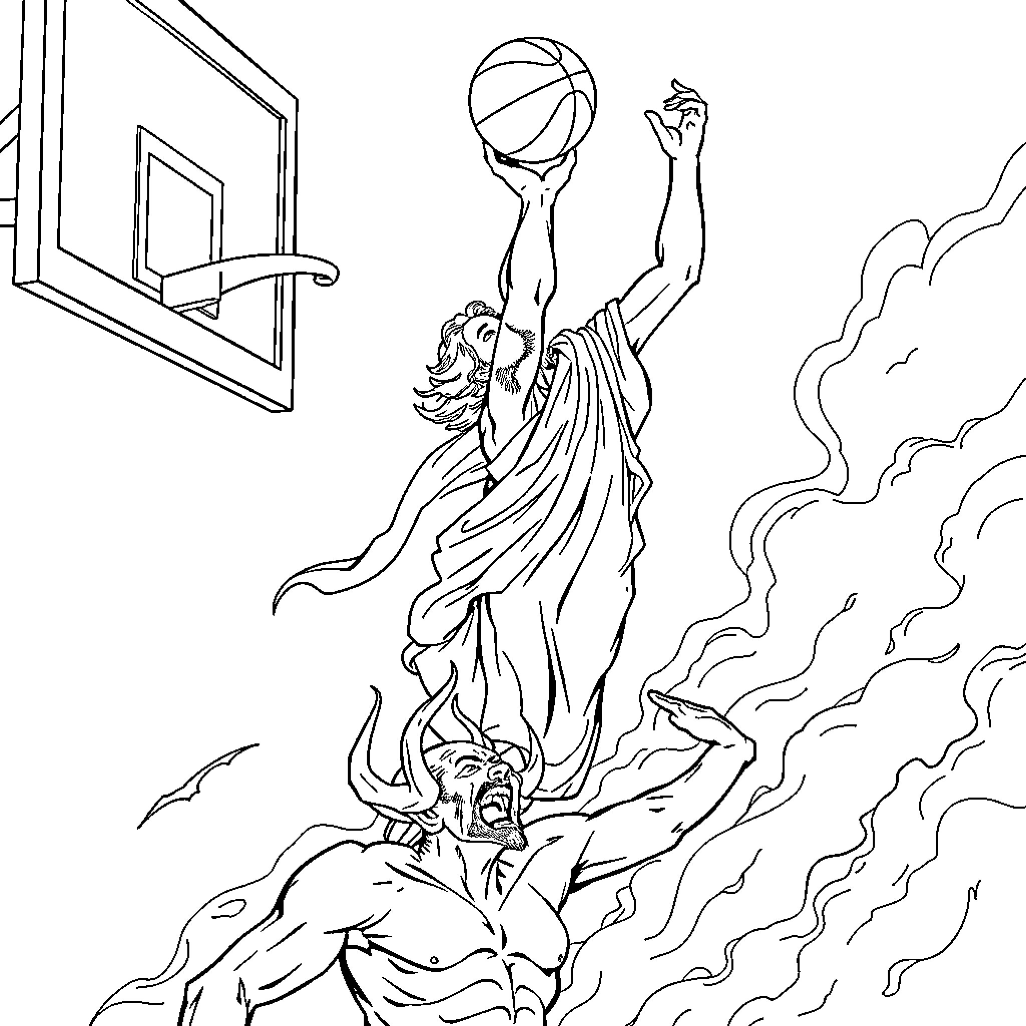Jesus performing a miraculous basketball shot Coloring Page (free black-and-white line drawing printable PDF for all, from beginners to advanced learners, including children, teens, adults, and seniors)