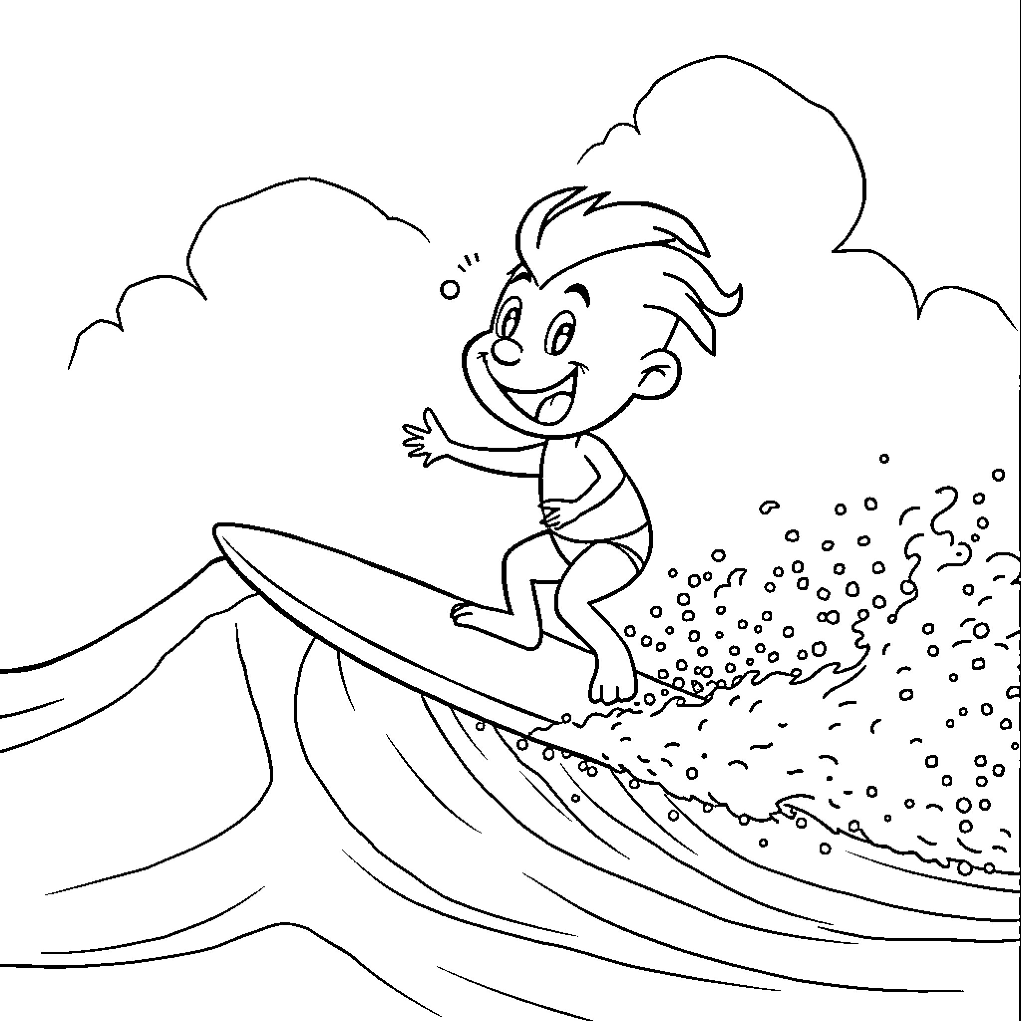 Bluey surfing excitedly in the waves Coloring Page (free black-and-white line drawing printable PDF for all, from beginners to advanced learners, including children, teens, adults, and seniors)