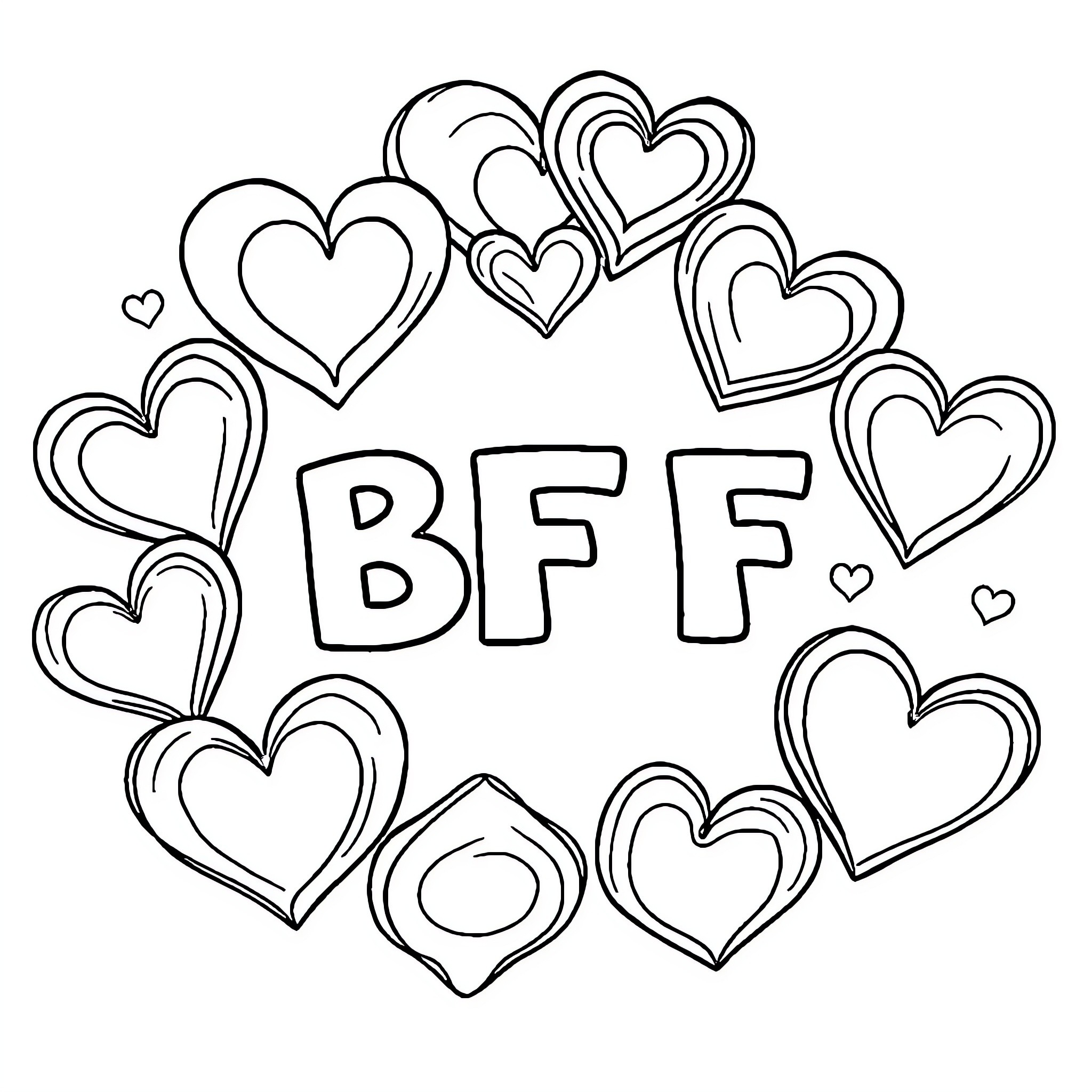 Heart-shaped BFF design with doodle-style elements Coloring Page (free black-and-white line drawing printable PDF for all, from beginners to advanced learners, including children, teens, adults, and seniors)
