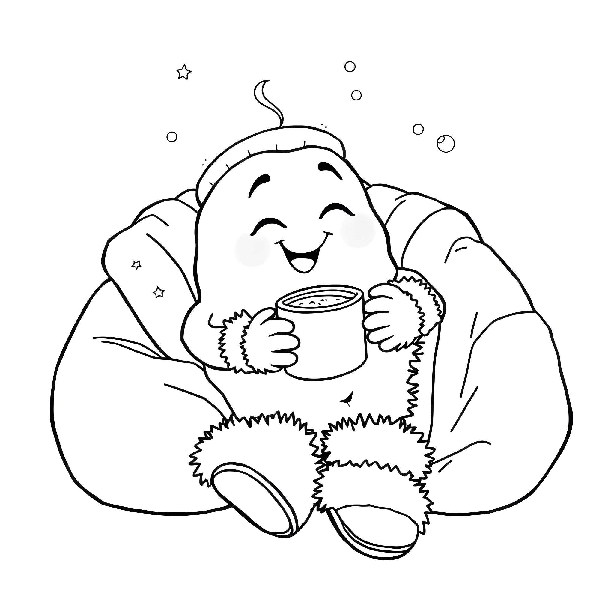 Potato drinking hot cocoa in winter Coloring Page (free black-and-white line drawing printable PDF for all, from beginners to advanced learners, including children, teens, adults, and seniors)