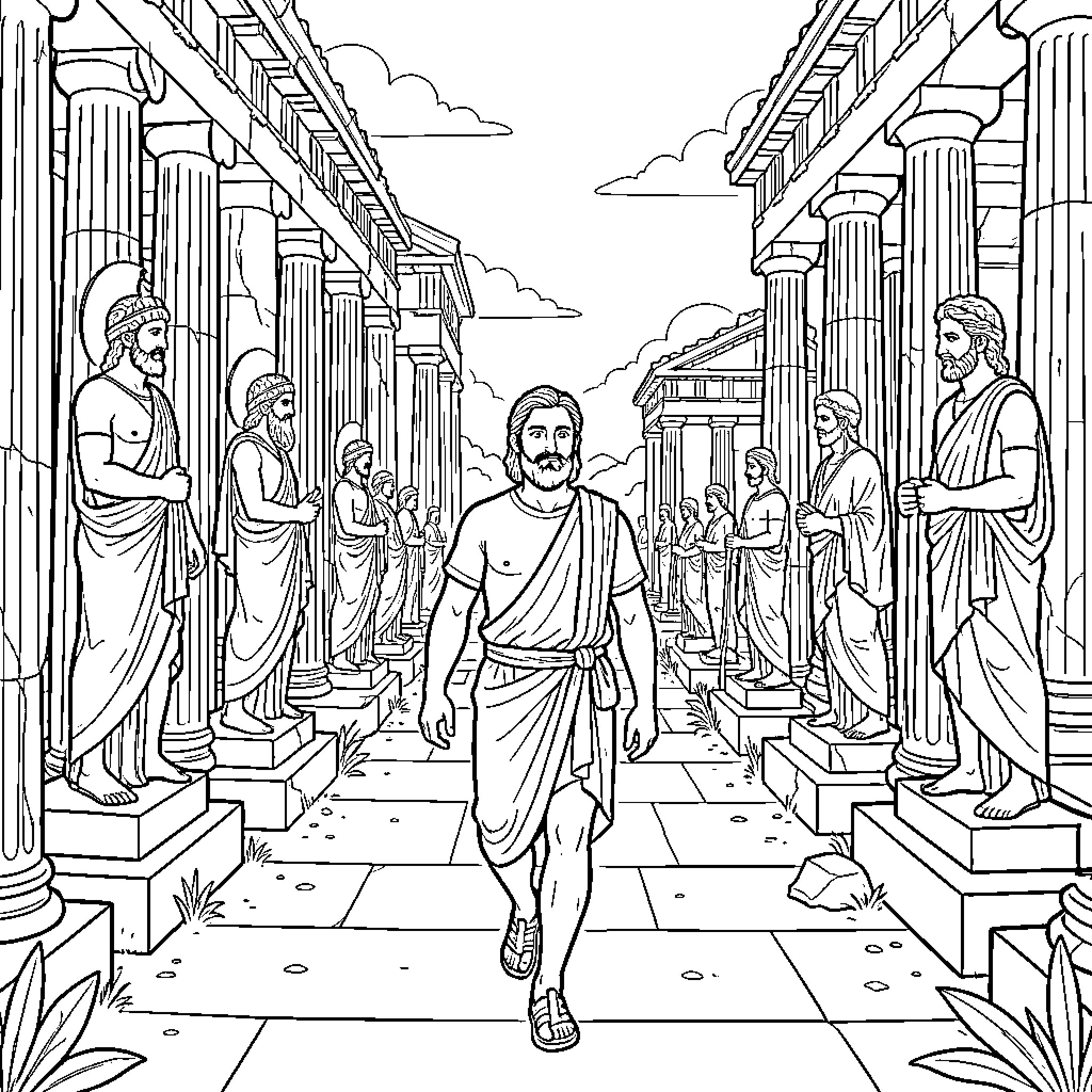 Crátilo: Philosophical Discourse in Ancient Greece Coloring Page (free black-and-white line drawing printable PDF for all, from beginners to advanced learners, including children, teens, adults, and seniors)