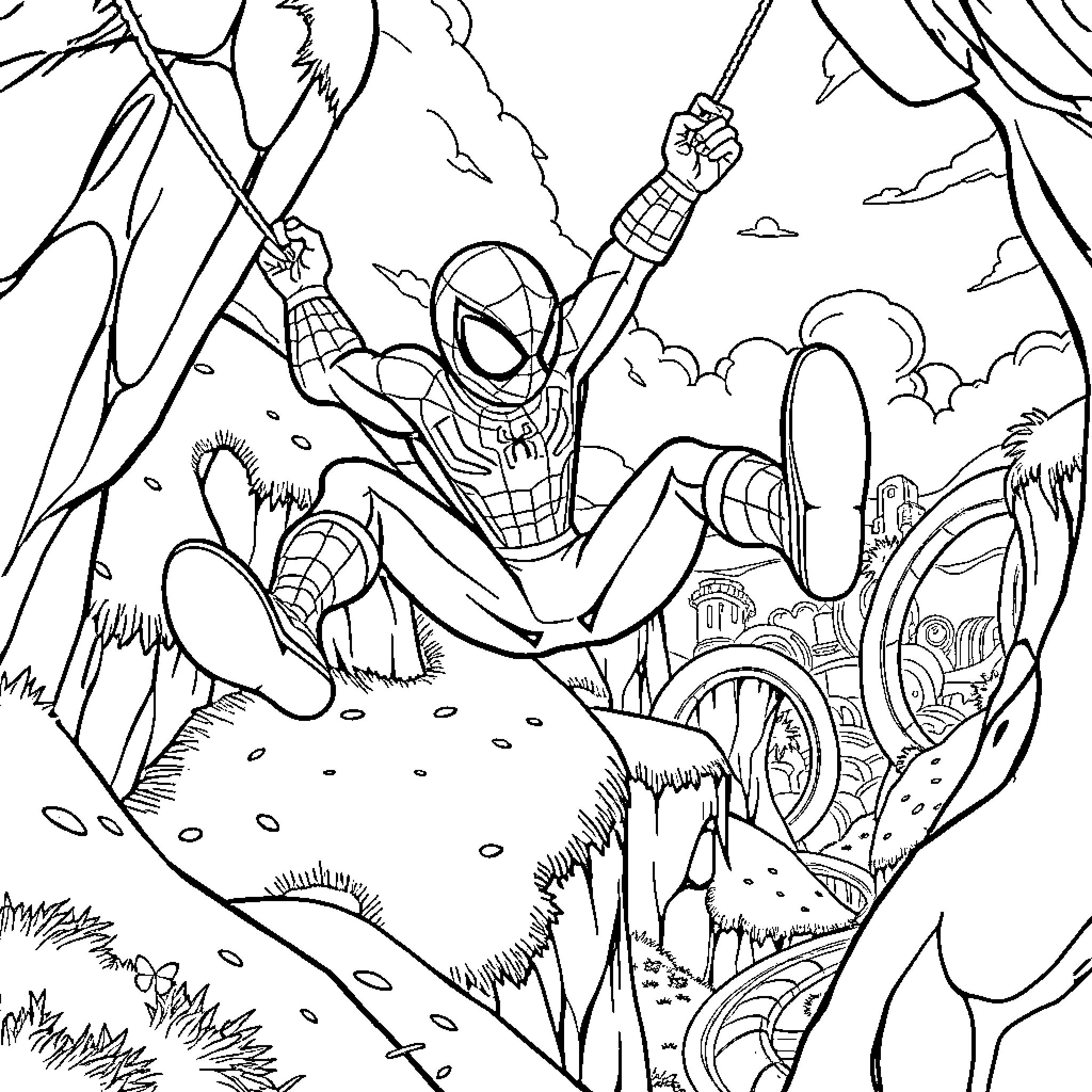 Spiderman swinging through the city Coloring Page (free black-and-white line drawing printable PDF for all, from beginners to advanced learners, including children, teens, adults, and seniors)