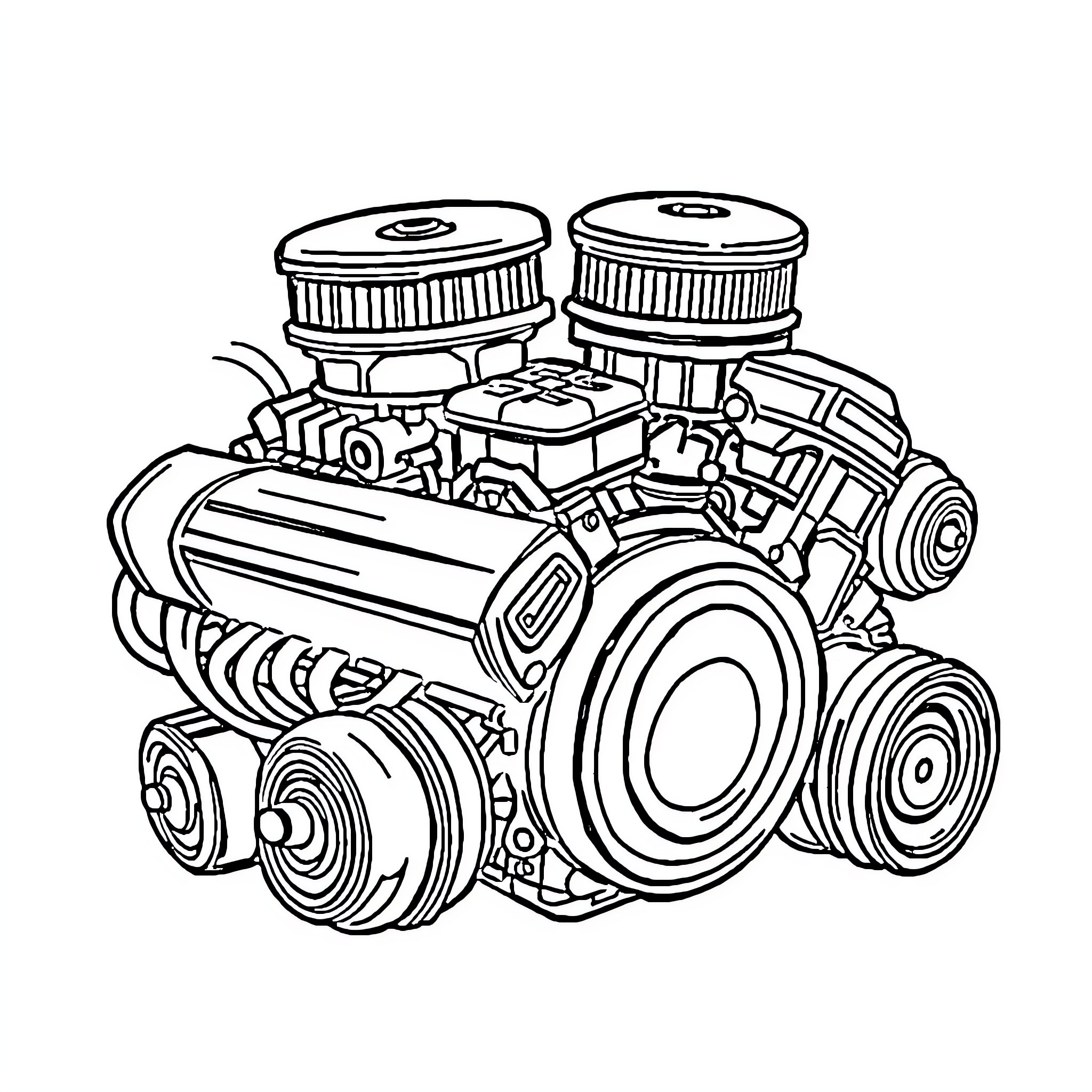 Engine with complex mechanical components Coloring Page (free black-and-white line drawing printable PDF for all, from beginners to advanced learners, including children, teens, adults, and seniors)