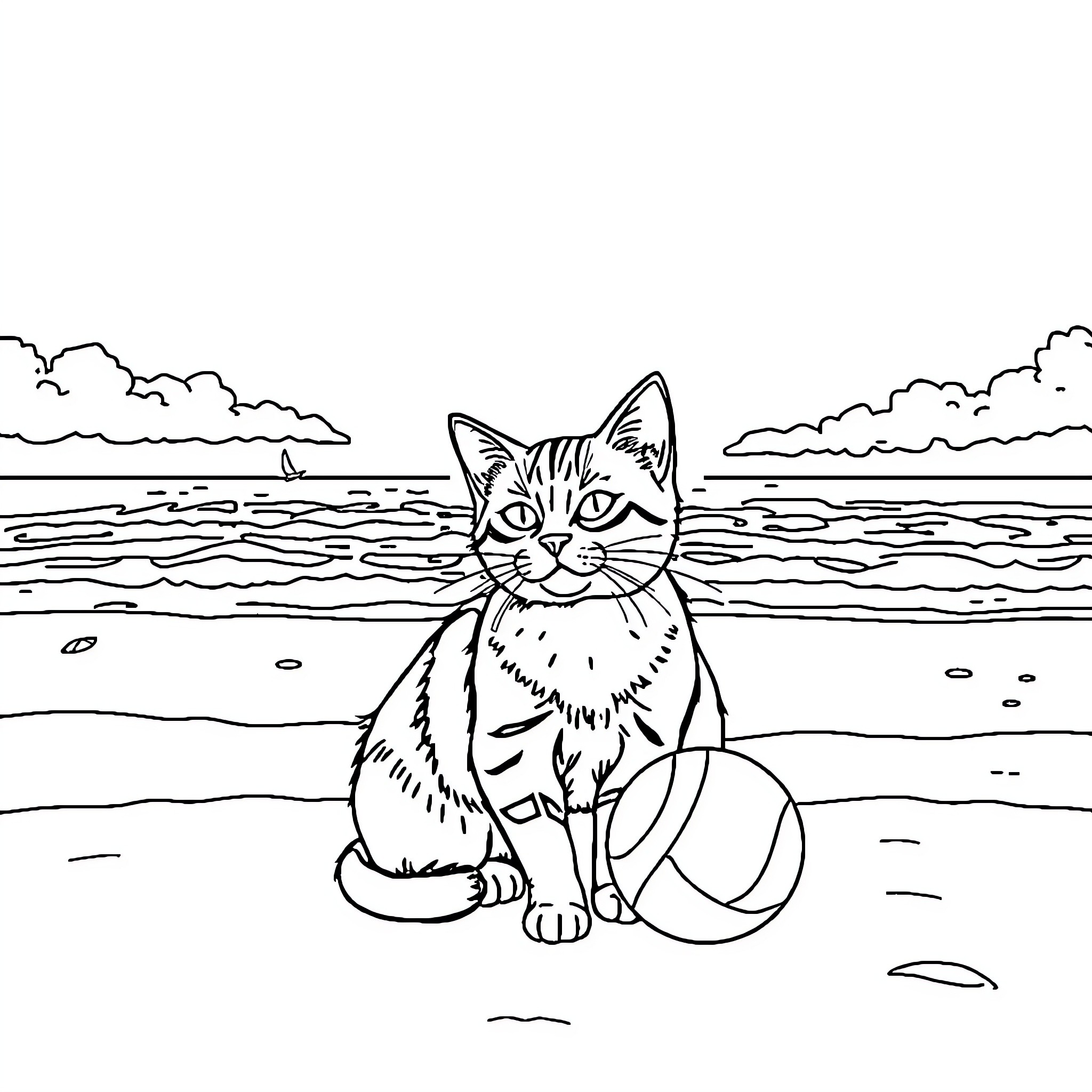 Gato sitting calmly on the beach Coloring Page (free black-and-white line drawing printable PDF for all, from beginners to advanced learners, including children, teens, adults, and seniors)