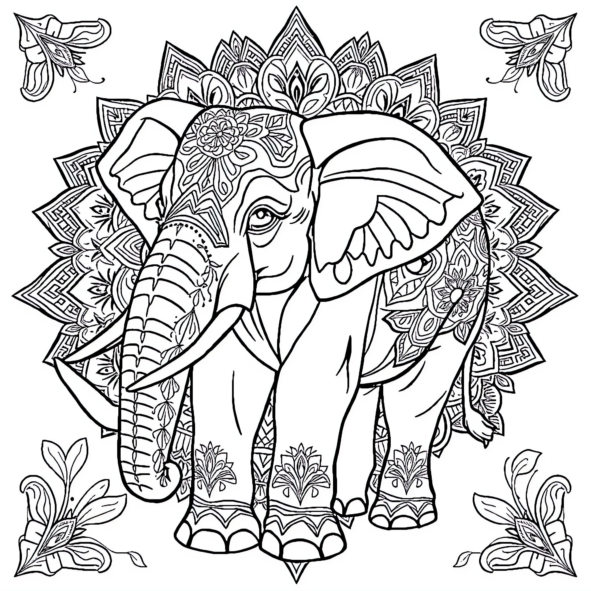 Elephant with intricate ornamental patterns Coloring Page (free black-and-white line drawing printable PDF for all, from beginners to advanced learners, including children, teens, adults, and seniors)