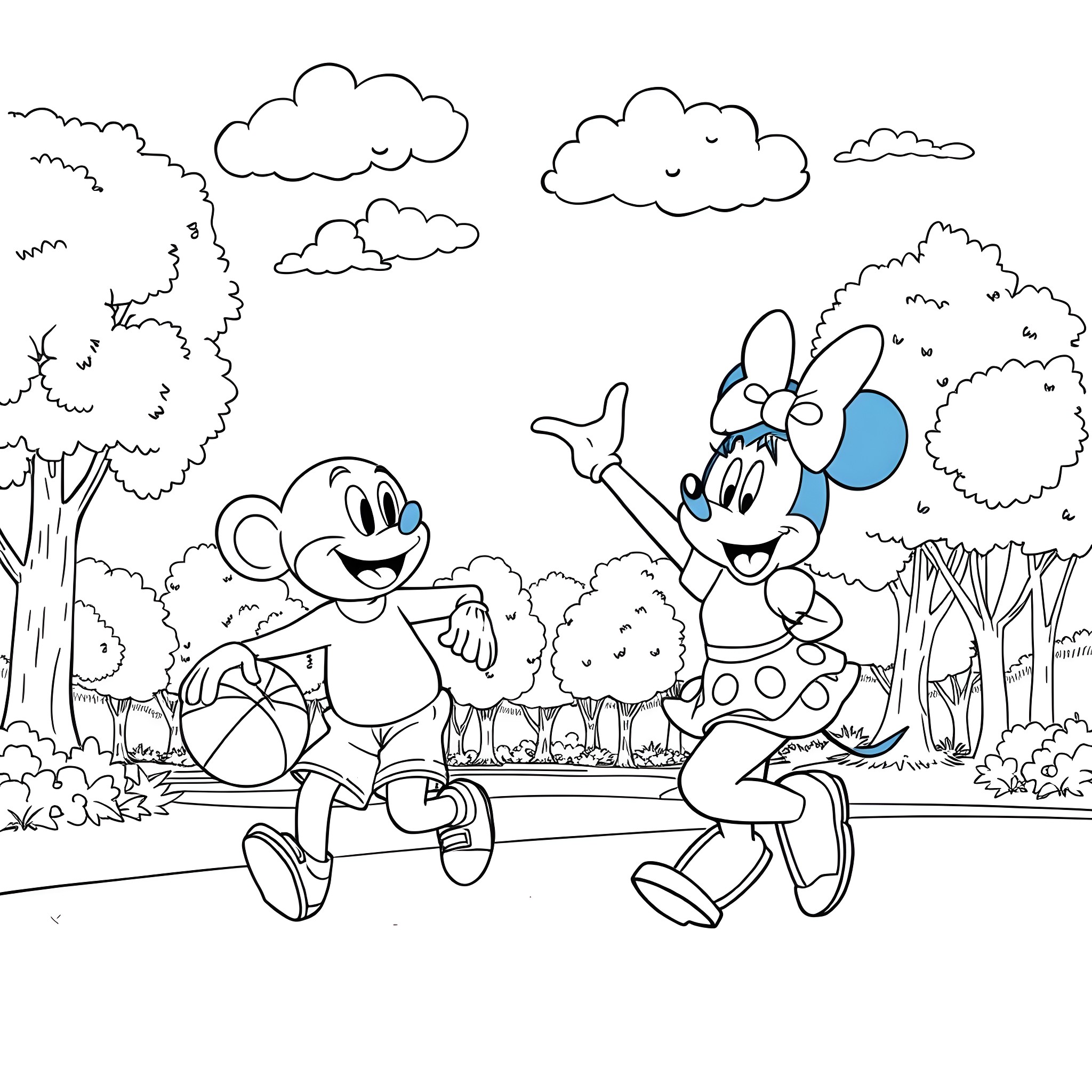Bluey and Bingo playing in the park Coloring Page (free black-and-white line drawing printable PDF for all, from beginners to advanced learners, including children, teens, adults, and seniors)