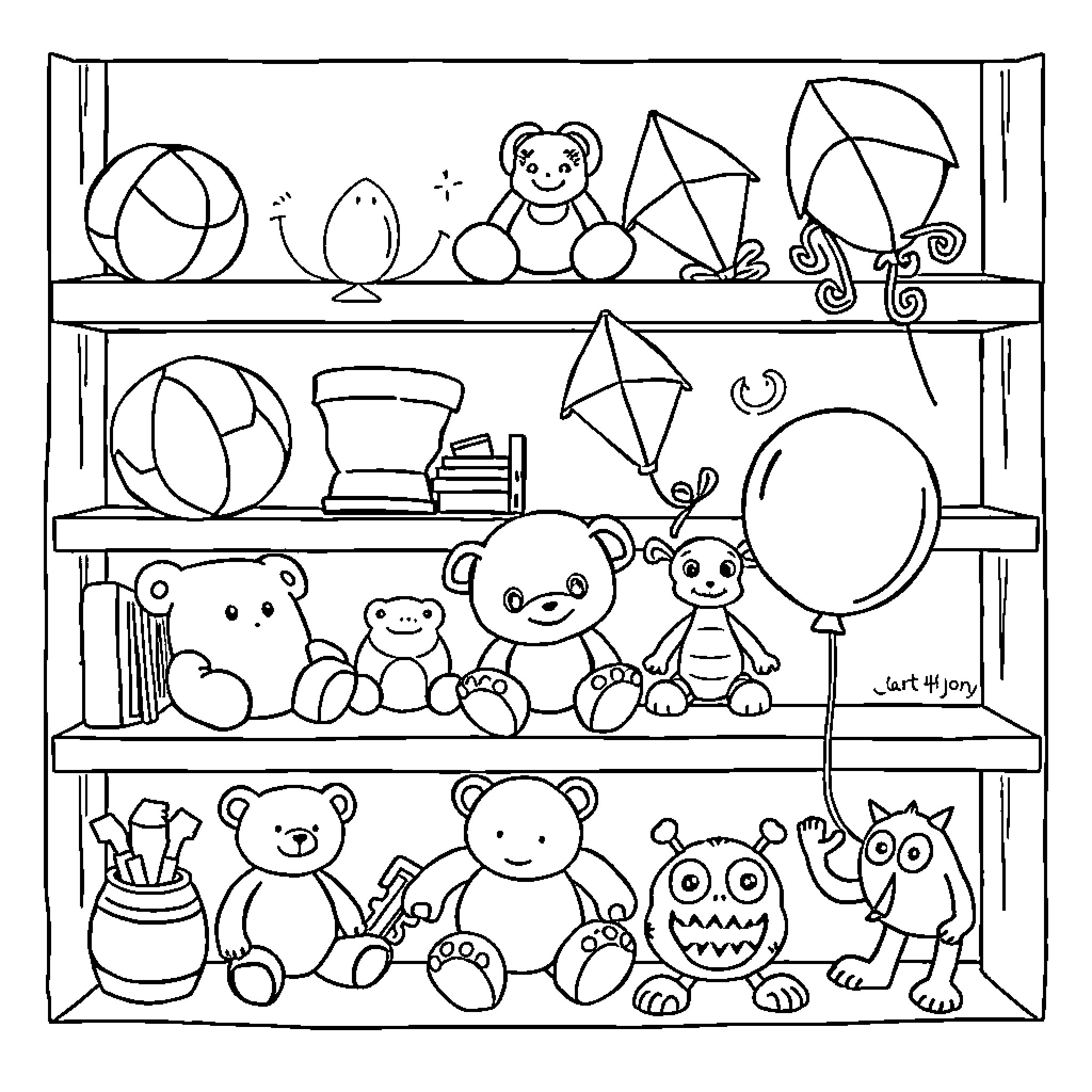 Toy shelves with various stuffed animals and shapes Coloring Page (free black-and-white line drawing printable PDF for all, from beginners to advanced learners, including children, teens, adults, and seniors)