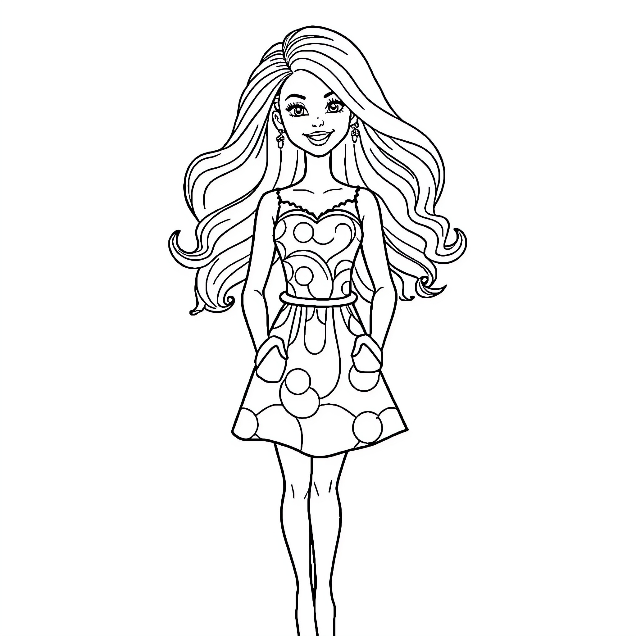 Barbie in a polka dot dress with flowing hair Coloring Page (free black-and-white line drawing printable PDF for all, from beginners to advanced learners, including children, teens, adults, and seniors)