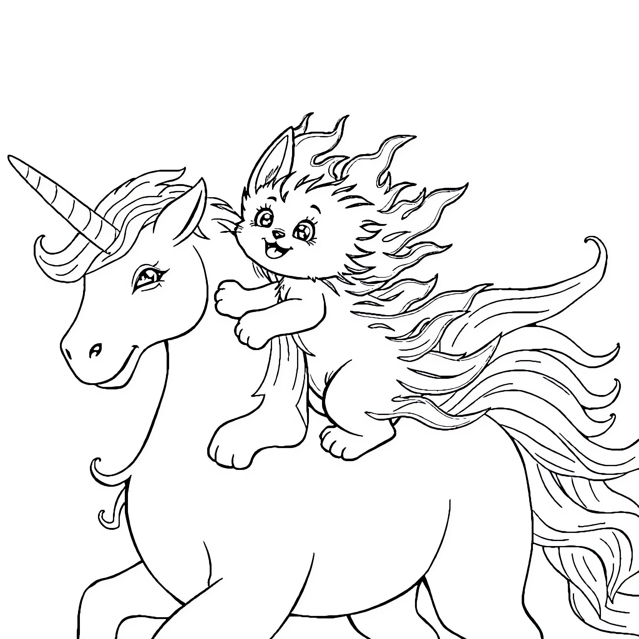 Kitten riding a magical unicorn Coloring Page (free black-and-white line drawing printable PDF for all, from beginners to advanced learners, including children, teens, adults, and seniors)