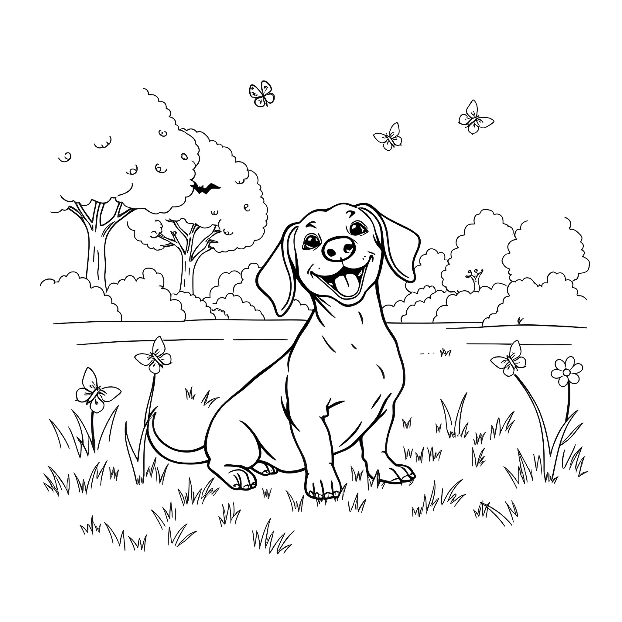 Dachshund enjoying the outdoors with butterflies Coloring Page (free black-and-white line drawing printable PDF for all, from beginners to advanced learners, including children, teens, adults, and seniors)