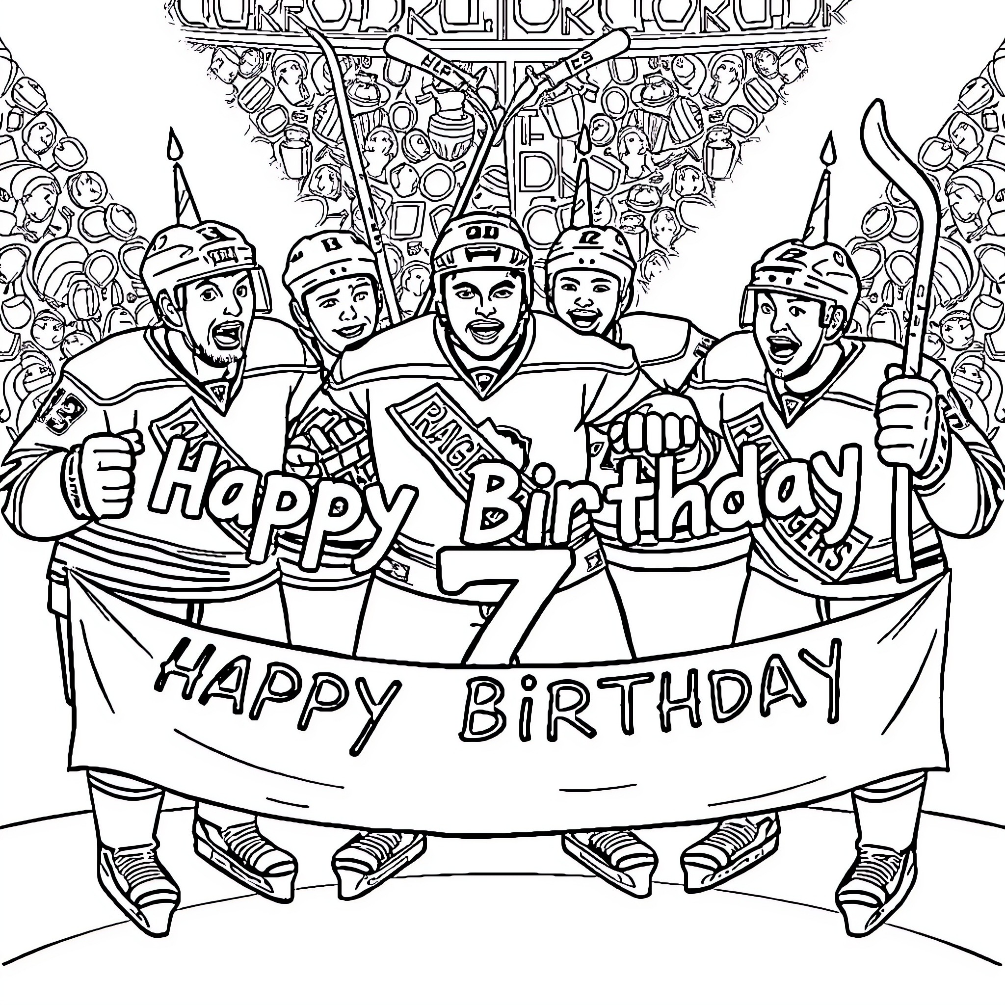 Adam Fox and friends celebrate a happy birthday Coloring Page (free black-and-white line drawing printable PDF for all, from beginners to advanced learners, including children, teens, adults, and seniors)
