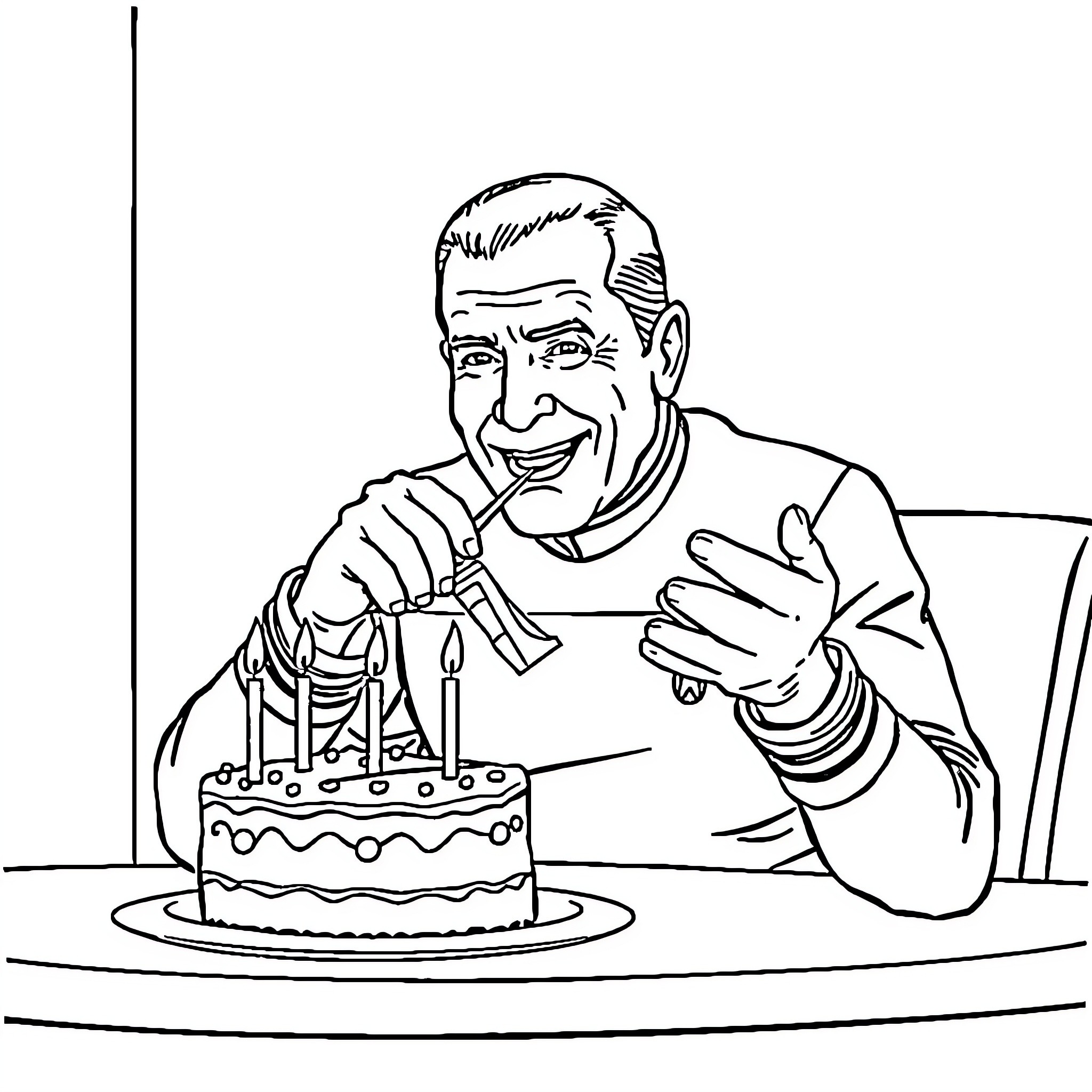 Jean Luc Picard celebrating with a birthday cake Coloring Page (free black-and-white line drawing printable PDF for all, from beginners to advanced learners, including children, teens, adults, and seniors)