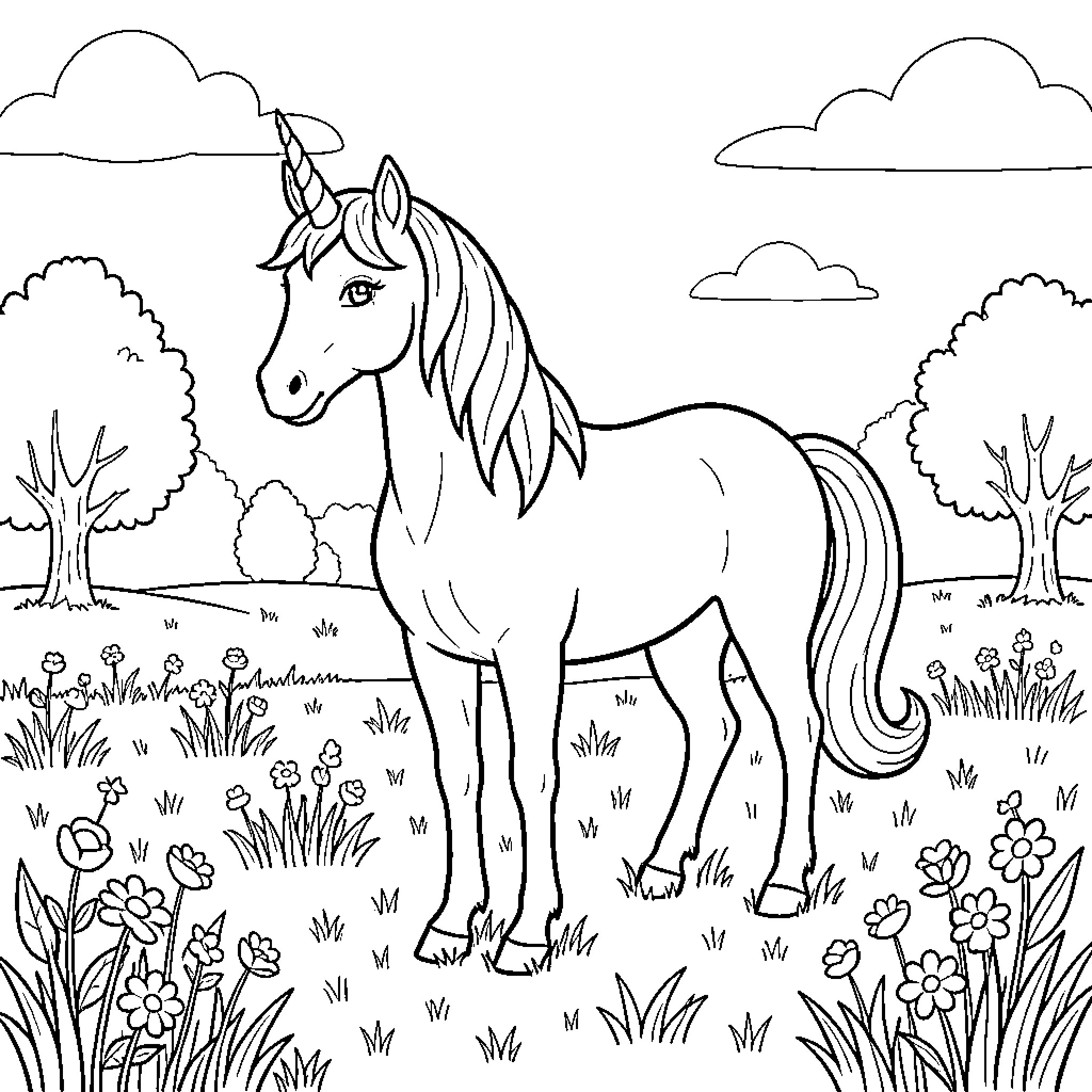 Unicorn standing gracefully in a flowery meadow Coloring Page (free black-and-white line drawing printable PDF for all, from beginners to advanced learners, including children, teens, adults, and seniors)