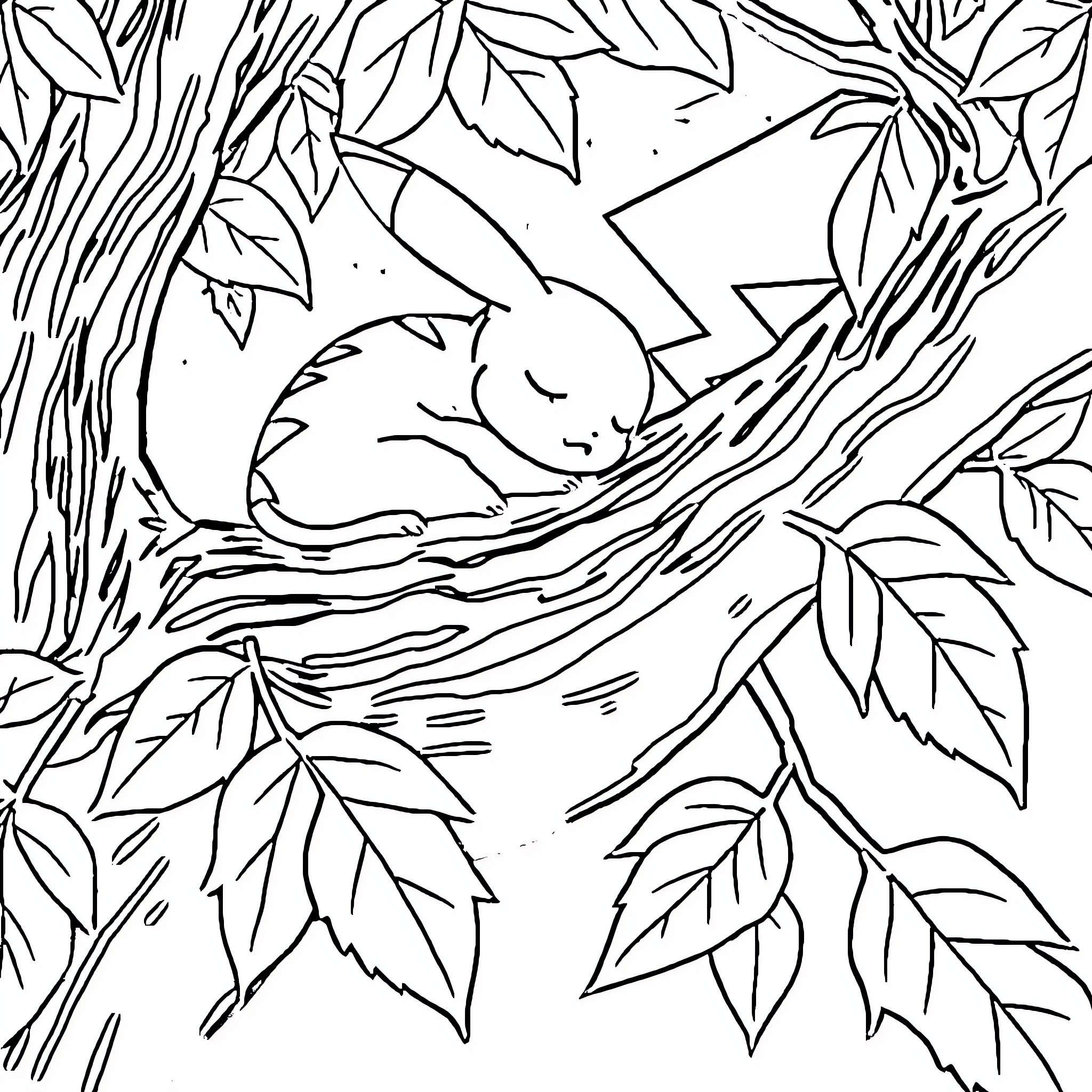 Pikachu sleeping peacefully in forest nest Coloring Page (free black-and-white line drawing printable PDF for all, from beginners to advanced learners, including children, teens, adults, and seniors)