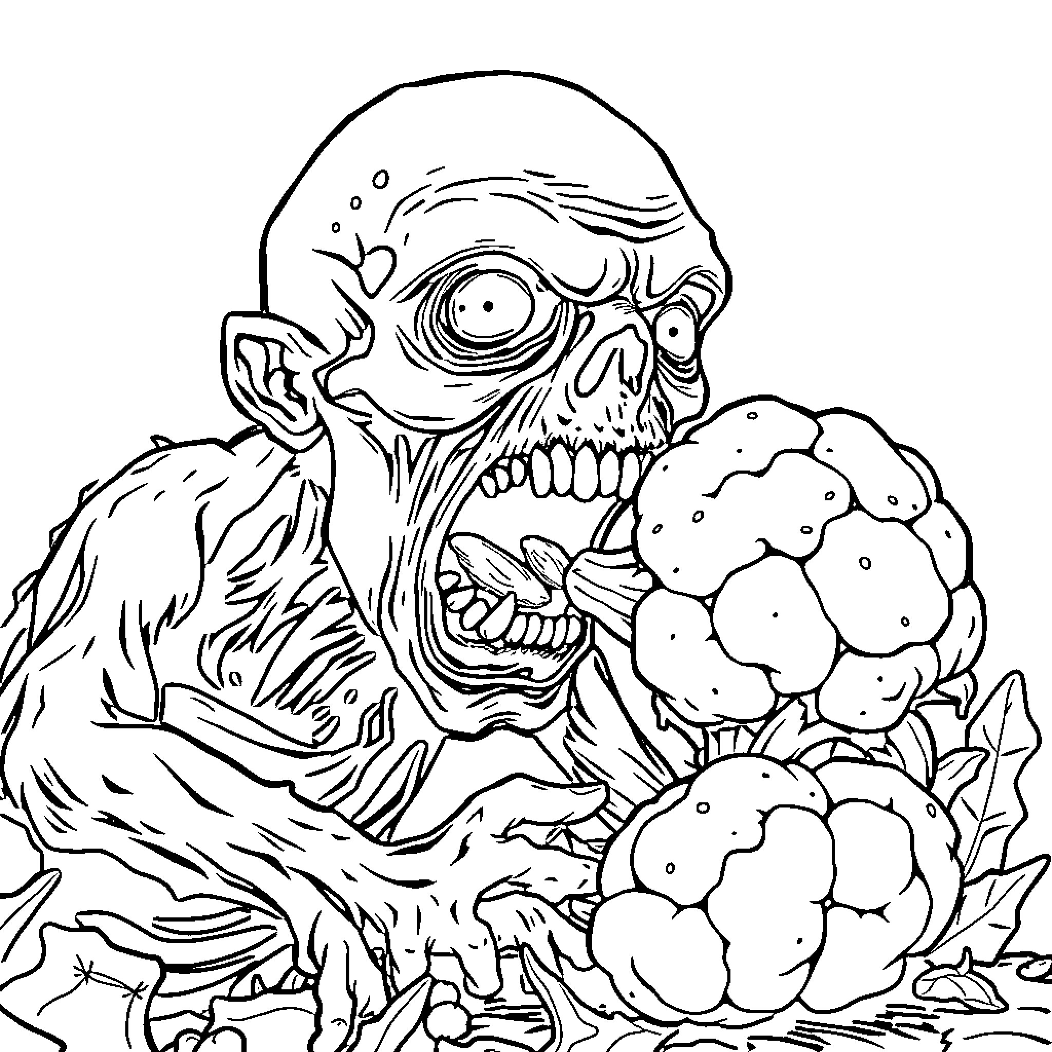 Zombie emerging from toxic waste explosion Coloring Page (free black-and-white line drawing printable PDF for all, from beginners to advanced learners, including children, teens, adults, and seniors)