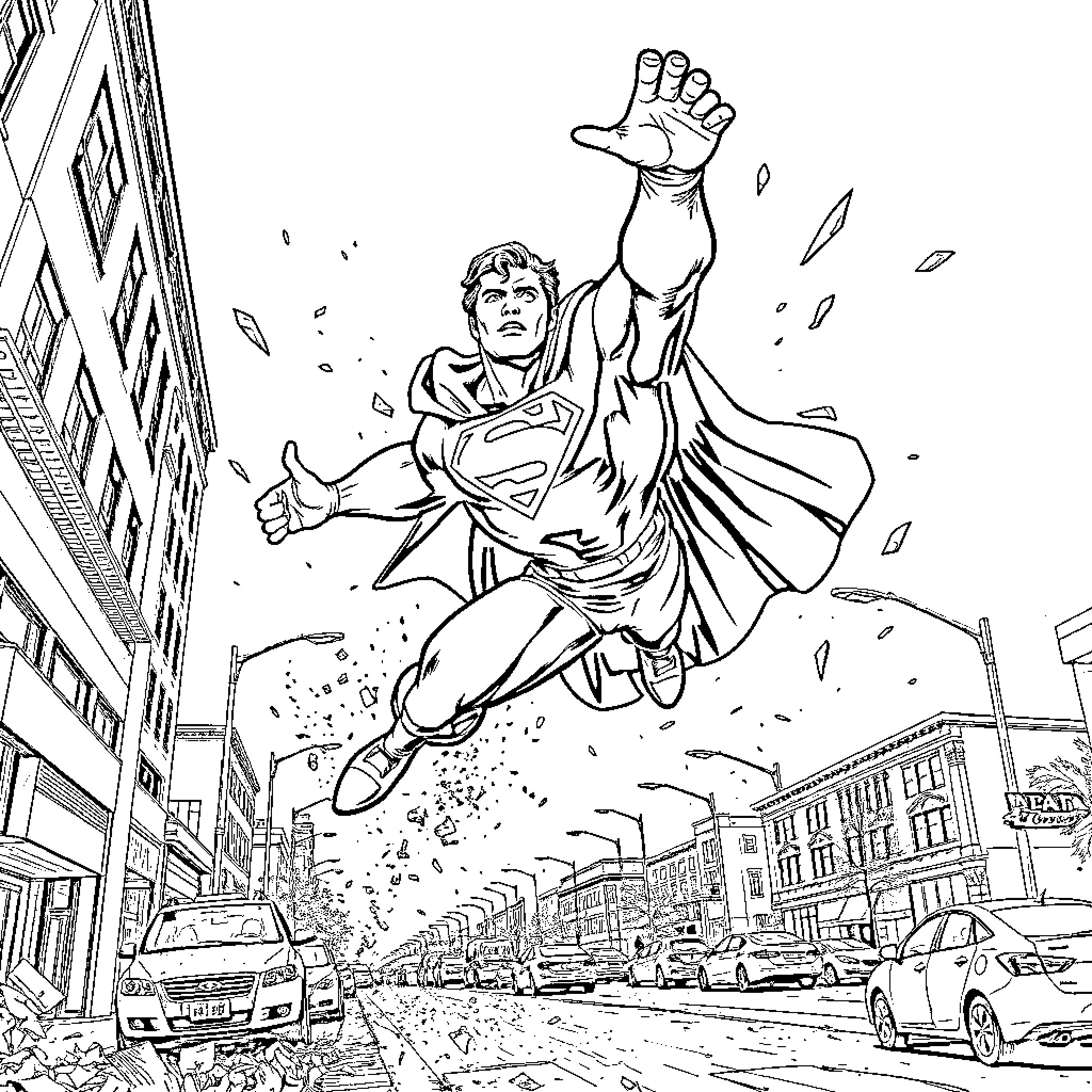 Superman heroically flying over the city Coloring Page (free black-and-white line drawing printable PDF for all, from beginners to advanced learners, including children, teens, adults, and seniors)