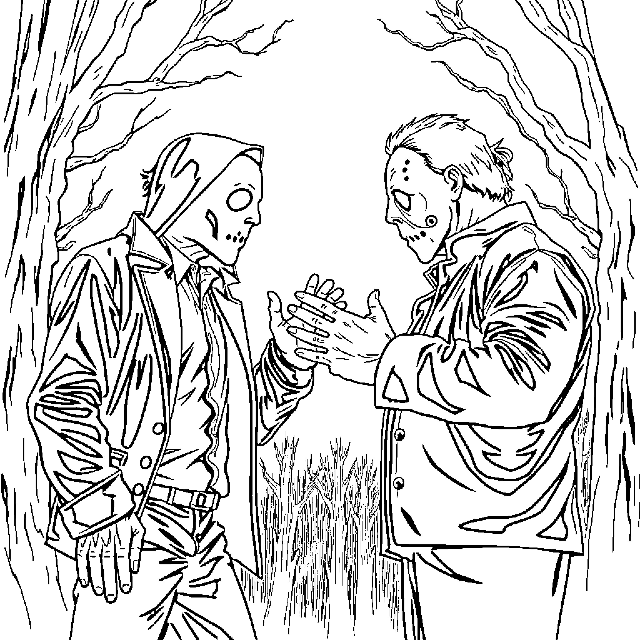 Ghost Face confrontation in the dark forest Coloring Page (free black-and-white line drawing printable PDF for all, from beginners to advanced learners, including children, teens, adults, and seniors)