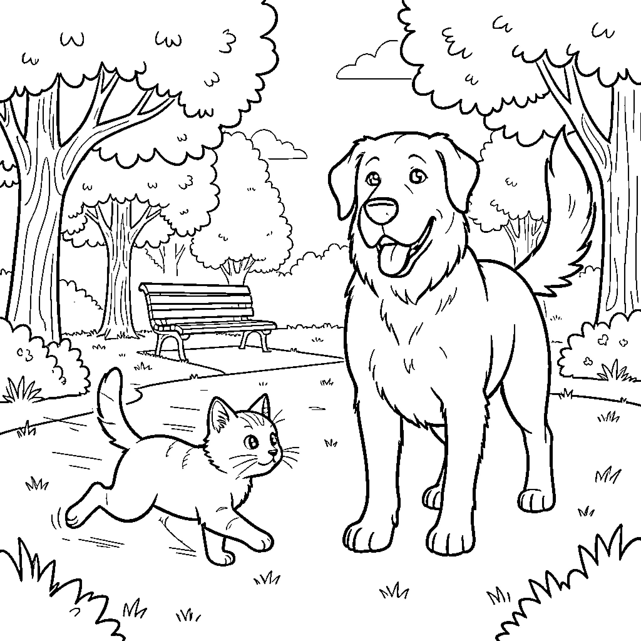 Gato and Canine Companions in the Park Coloring Page (free black-and-white line drawing printable PDF for all, from beginners to advanced learners, including children, teens, adults, and seniors)