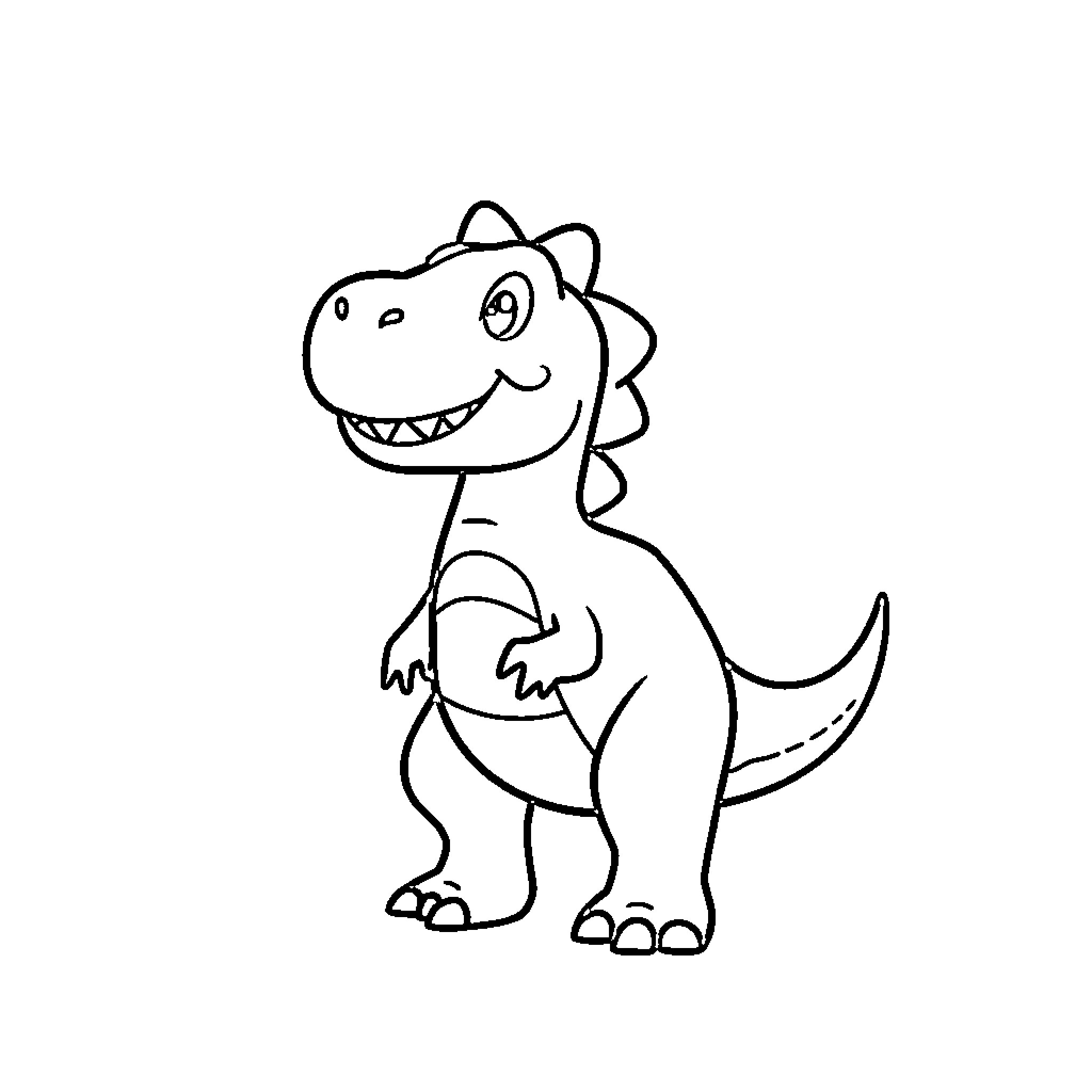 T-Rex smiling happily and standing upright Coloring Page (free black-and-white line drawing printable PDF for all, from beginners to advanced learners, including children, teens, adults, and seniors)
