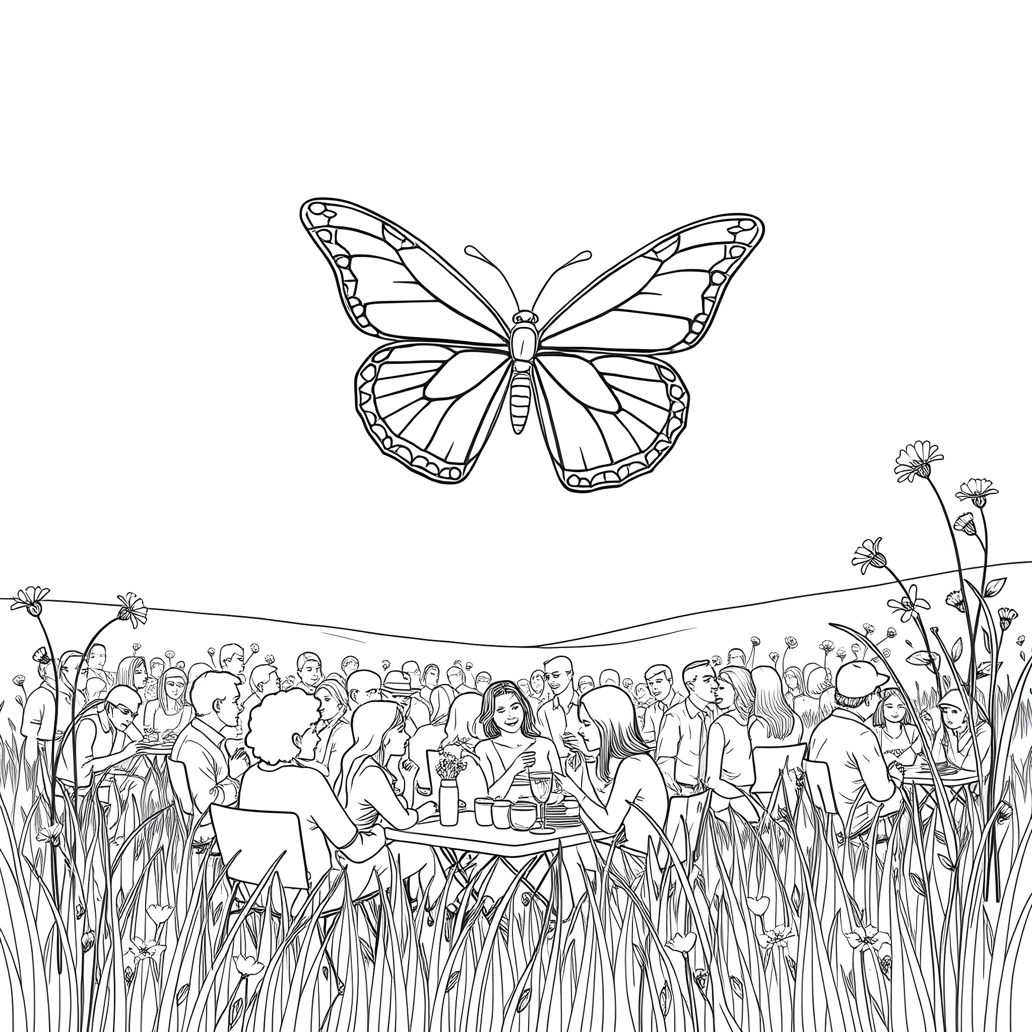 Butterfly soaring above a summer picnic scene Coloring Page (free black-and-white line drawing printable PDF for all, from beginners to advanced learners, including children, teens, adults, and seniors)