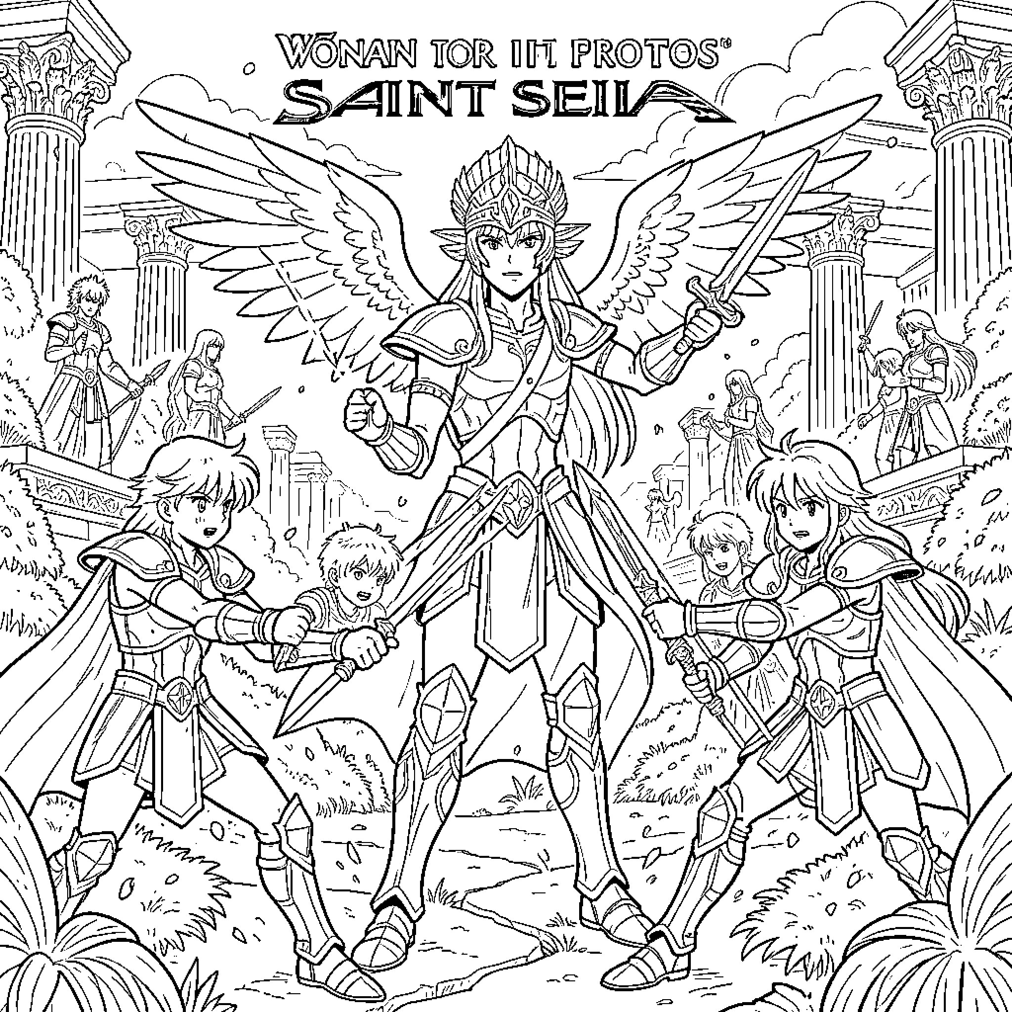 Saint Seiya warriors standing heroically in armored gear Coloring Page (free black-and-white line drawing printable PDF for all, from beginners to advanced learners, including children, teens, adults, and seniors)