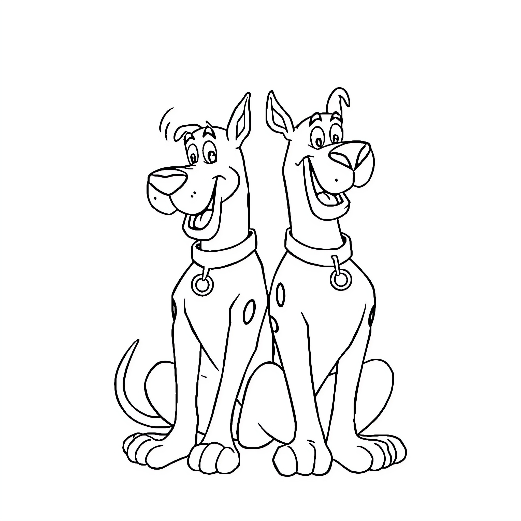 Scooby Doo and Scrappy Doo in Cartoon Style Coloring Page (free black-and-white line drawing printable PDF for all, from beginners to advanced learners, including children, teens, adults, and seniors)