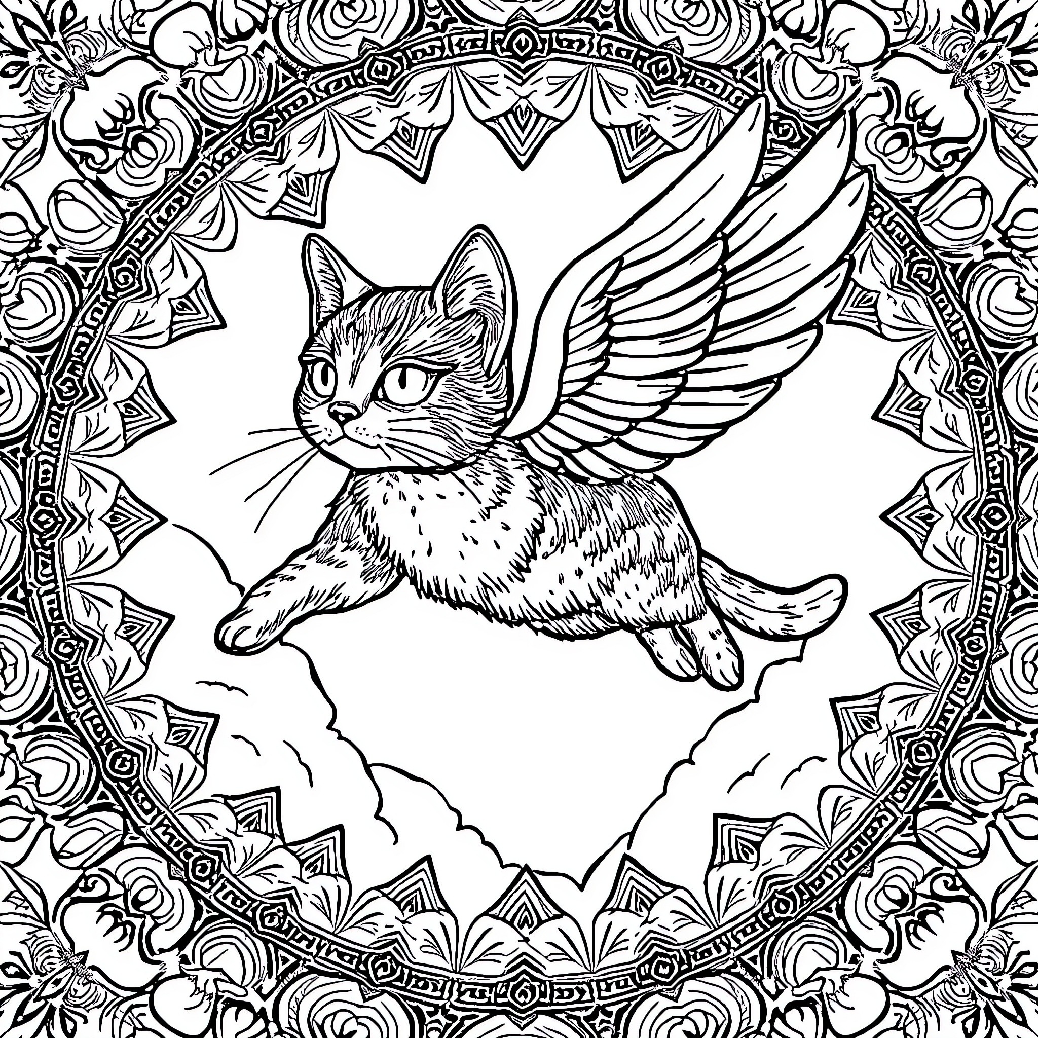 Flying Cat in Intricate Ornamental Frame Coloring Page (free black-and-white line drawing printable PDF for all, from beginners to advanced learners, including children, teens, adults, and seniors)