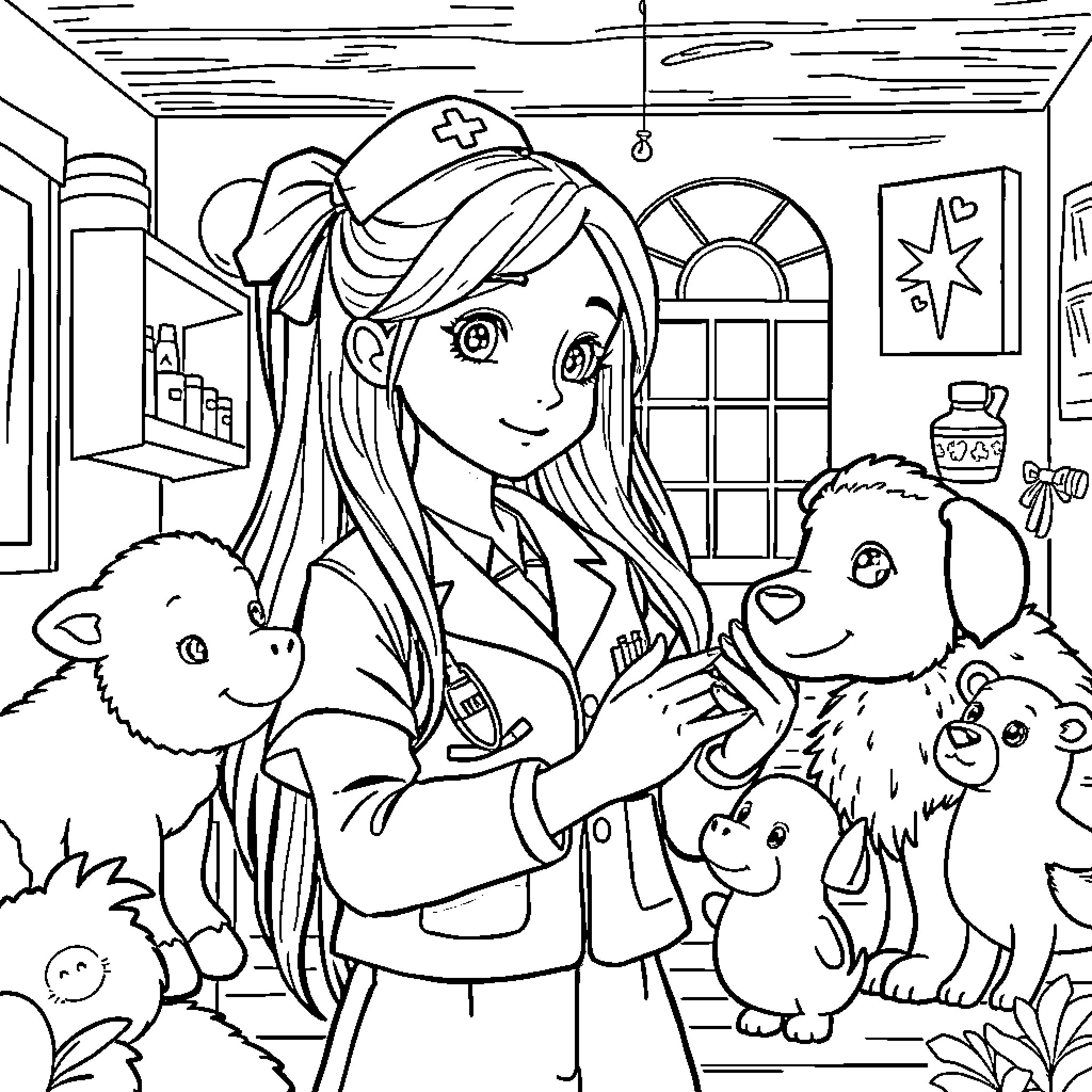 Girl Caring for Adorable Animal Friends Coloring Page (free black-and-white line drawing printable PDF for all, from beginners to advanced learners, including children, teens, adults, and seniors)