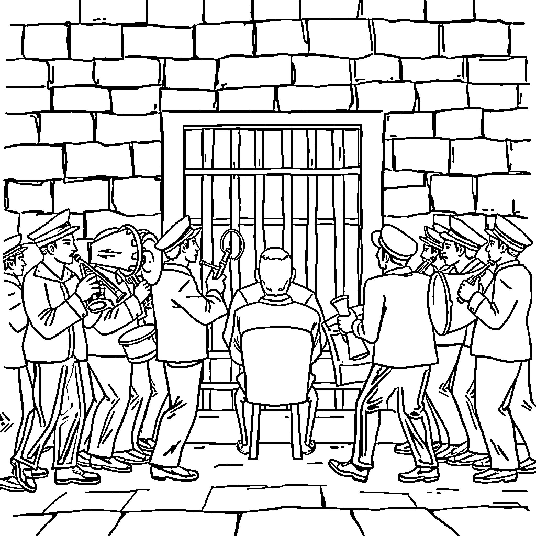 Band of prison guards surrounding inmate Coloring Page (free black-and-white line drawing printable PDF for all, from beginners to advanced learners, including children, teens, adults, and seniors)