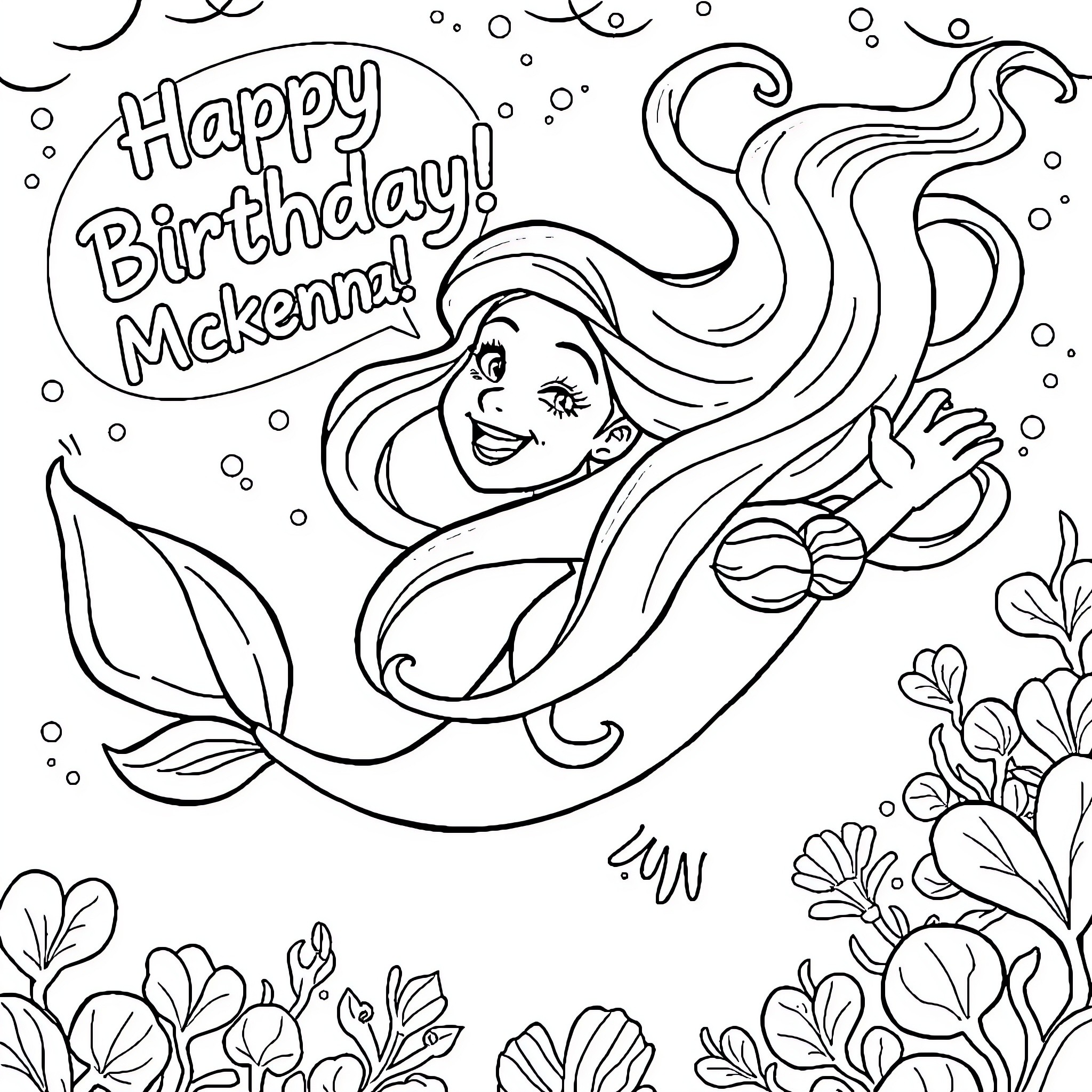 Ariel having a happy birthday underwater Coloring Page (free black-and-white line drawing printable PDF for all, from beginners to advanced learners, including children, teens, adults, and seniors)