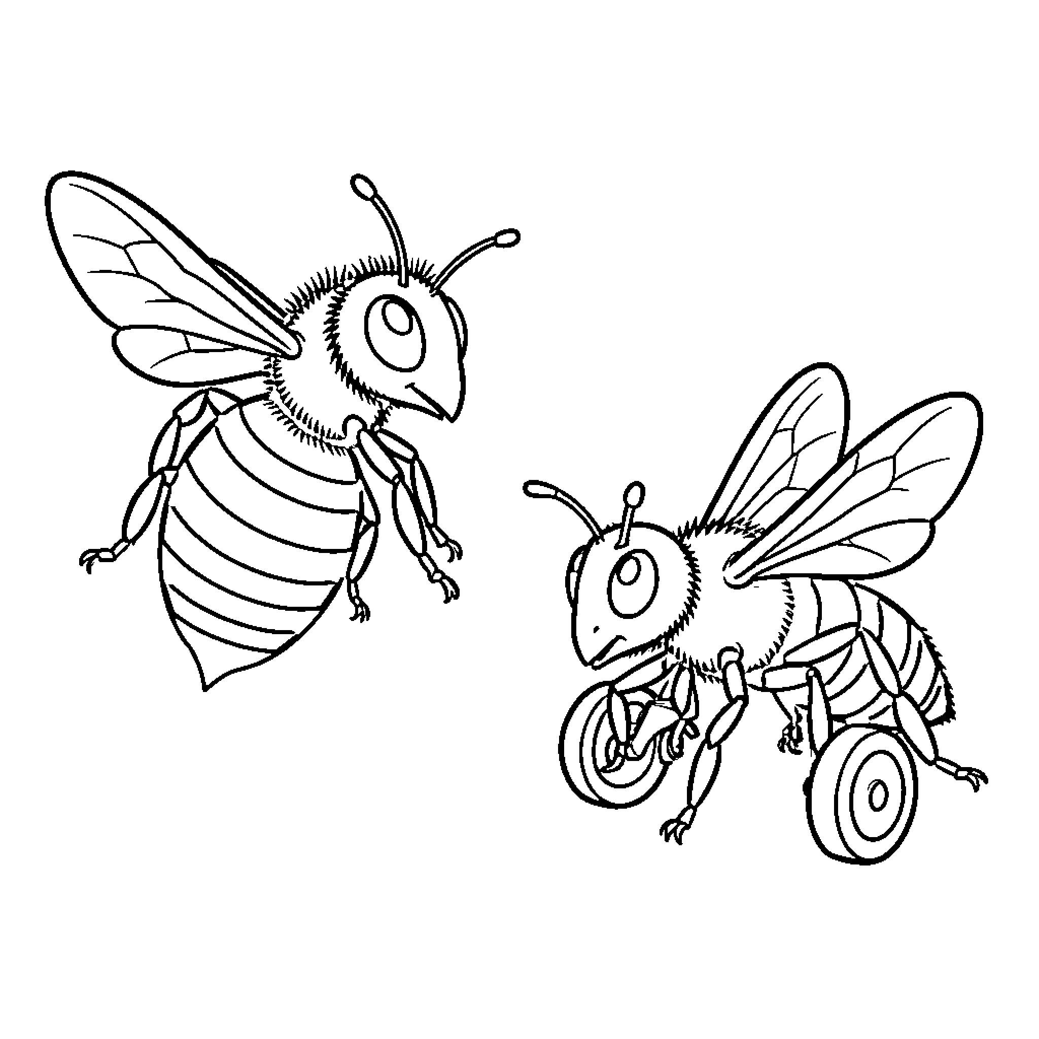 Bee friends exploring the world together Coloring Page (free black-and-white line drawing printable PDF for all, from beginners to advanced learners, including children, teens, adults, and seniors)