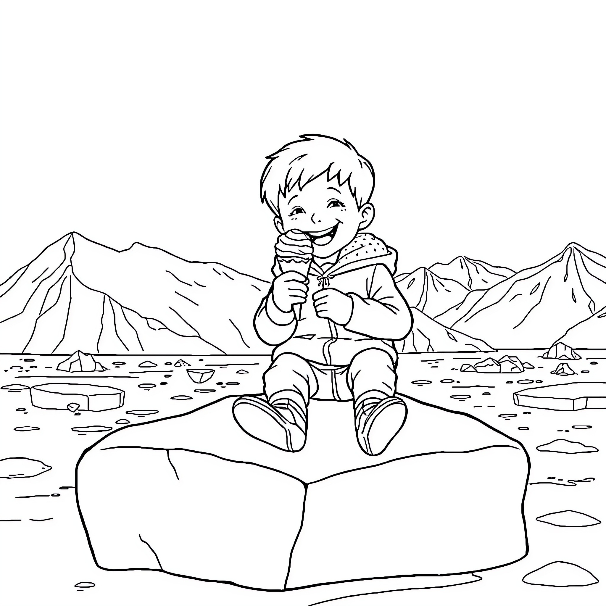 Kid sitting on a rock and eating snack in the mountains Coloring Page (free black-and-white line drawing printable PDF for all, from beginners to advanced learners, including children, teens, adults, and seniors)