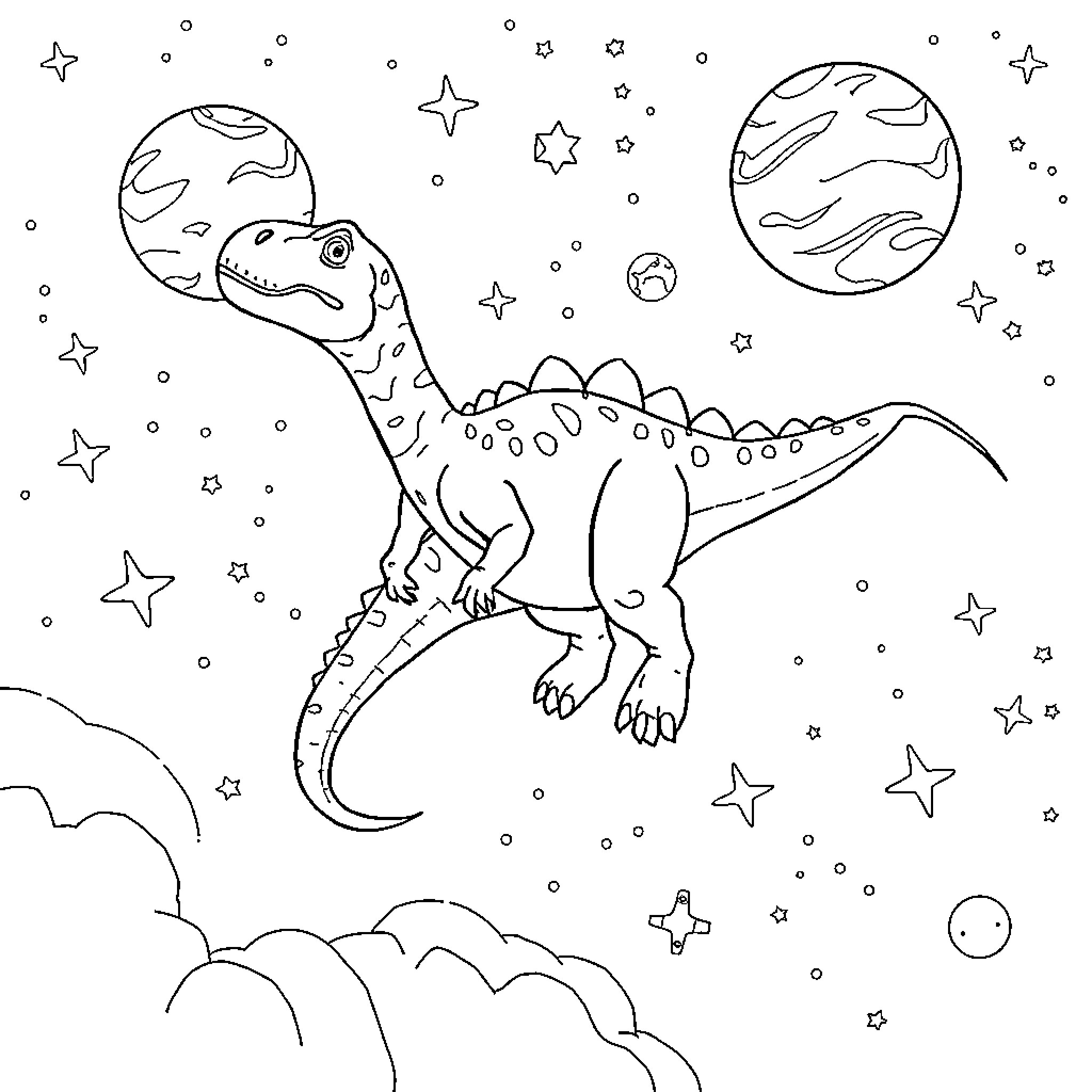 Dinosaur roaming among the stars Coloring Page (free black-and-white line drawing printable PDF for all, from beginners to advanced learners, including children, teens, adults, and seniors)