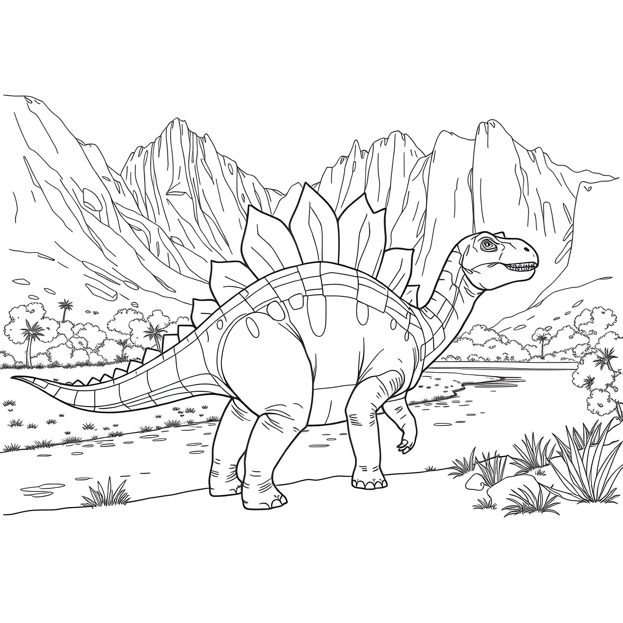 Stegosaurus in a prehistoric landscape Coloring Page (free black-and-white line drawing printable PDF for all, from beginners to advanced learners, including children, teens, adults, and seniors)