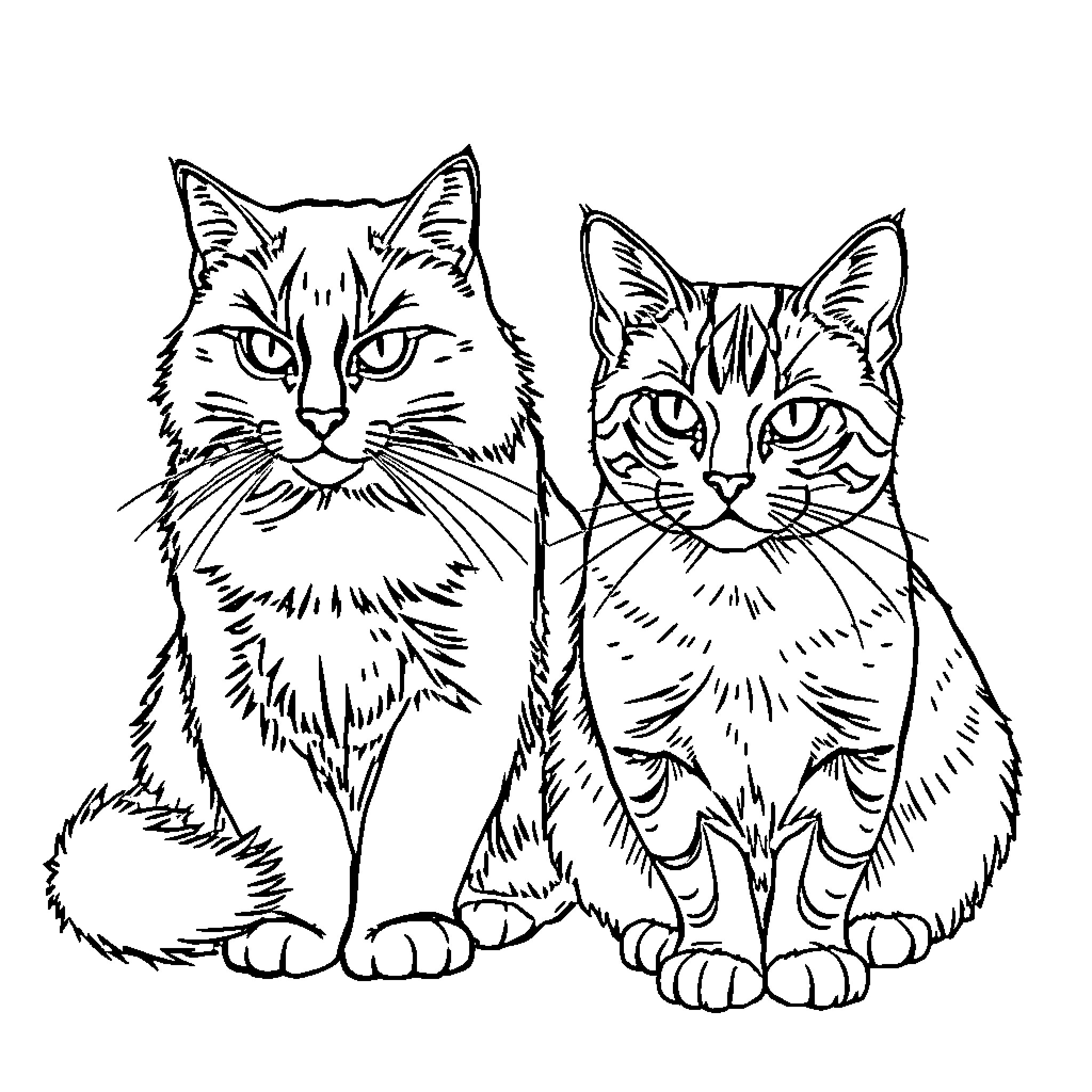 Cats sitting together in a drawing Coloring Page (free black-and-white line drawing printable PDF for all, from beginners to advanced learners, including children, teens, adults, and seniors)