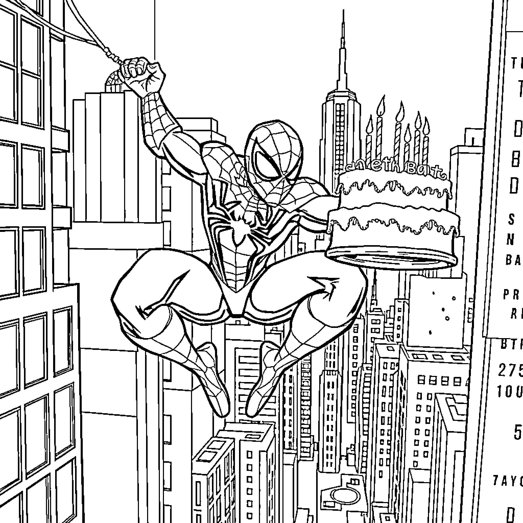 Spider-Man swinging above the city skyline Coloring Page (free black-and-white line drawing printable PDF for all, from beginners to advanced learners, including children, teens, adults, and seniors)