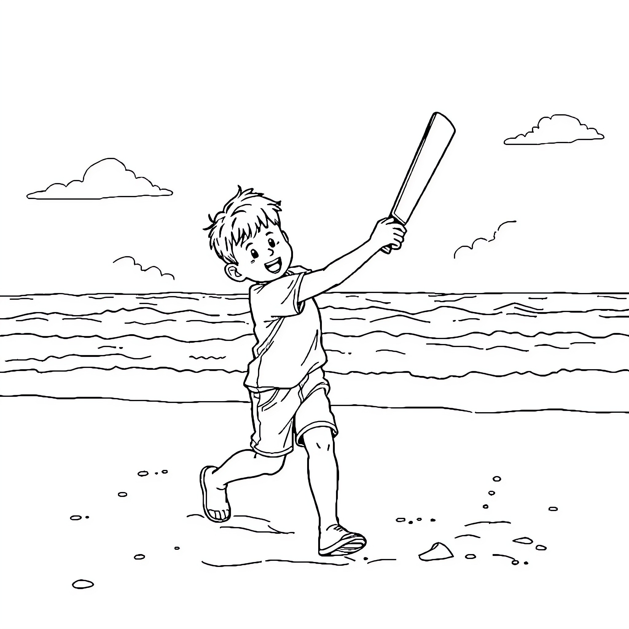 Boy playing joyfully with stick on beach Coloring Page (free black-and-white line drawing printable PDF for all, from beginners to advanced learners, including children, teens, adults, and seniors)