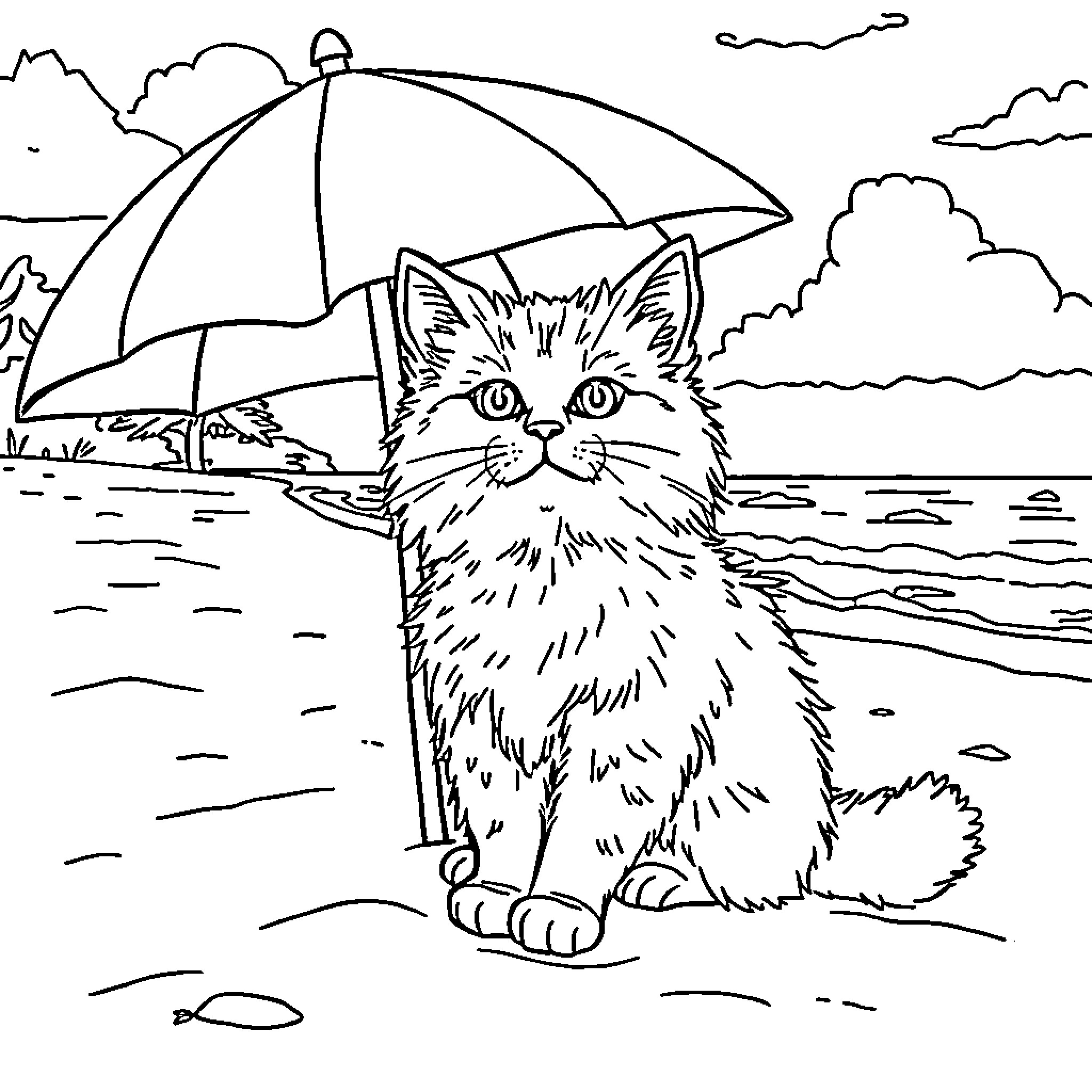 Cat sitting with umbrella on beach Coloring Page (free black-and-white line drawing printable PDF for all, from beginners to advanced learners, including children, teens, adults, and seniors)