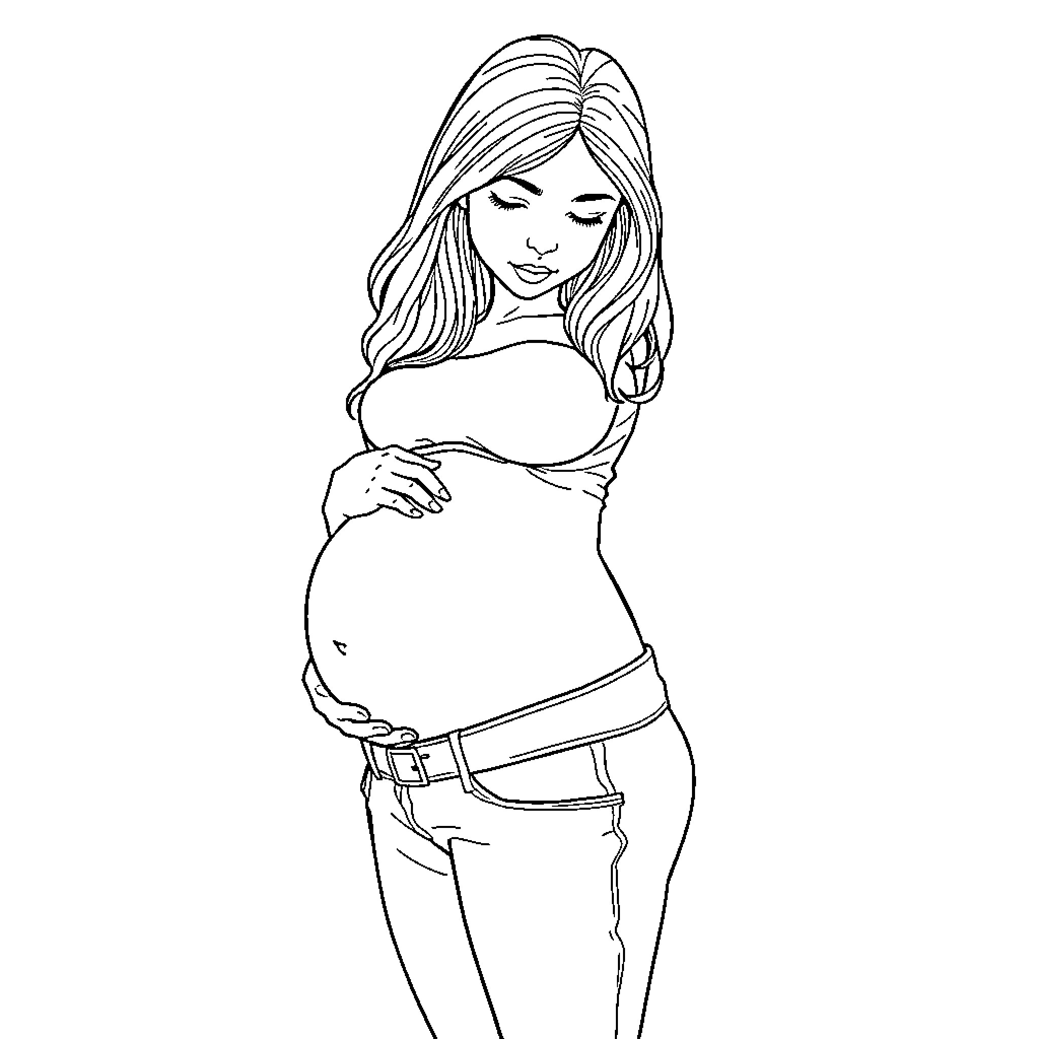 Teenager expectant mother with long hair Coloring Page (free black-and-white line drawing printable PDF for all, from beginners to advanced learners, including children, teens, adults, and seniors)