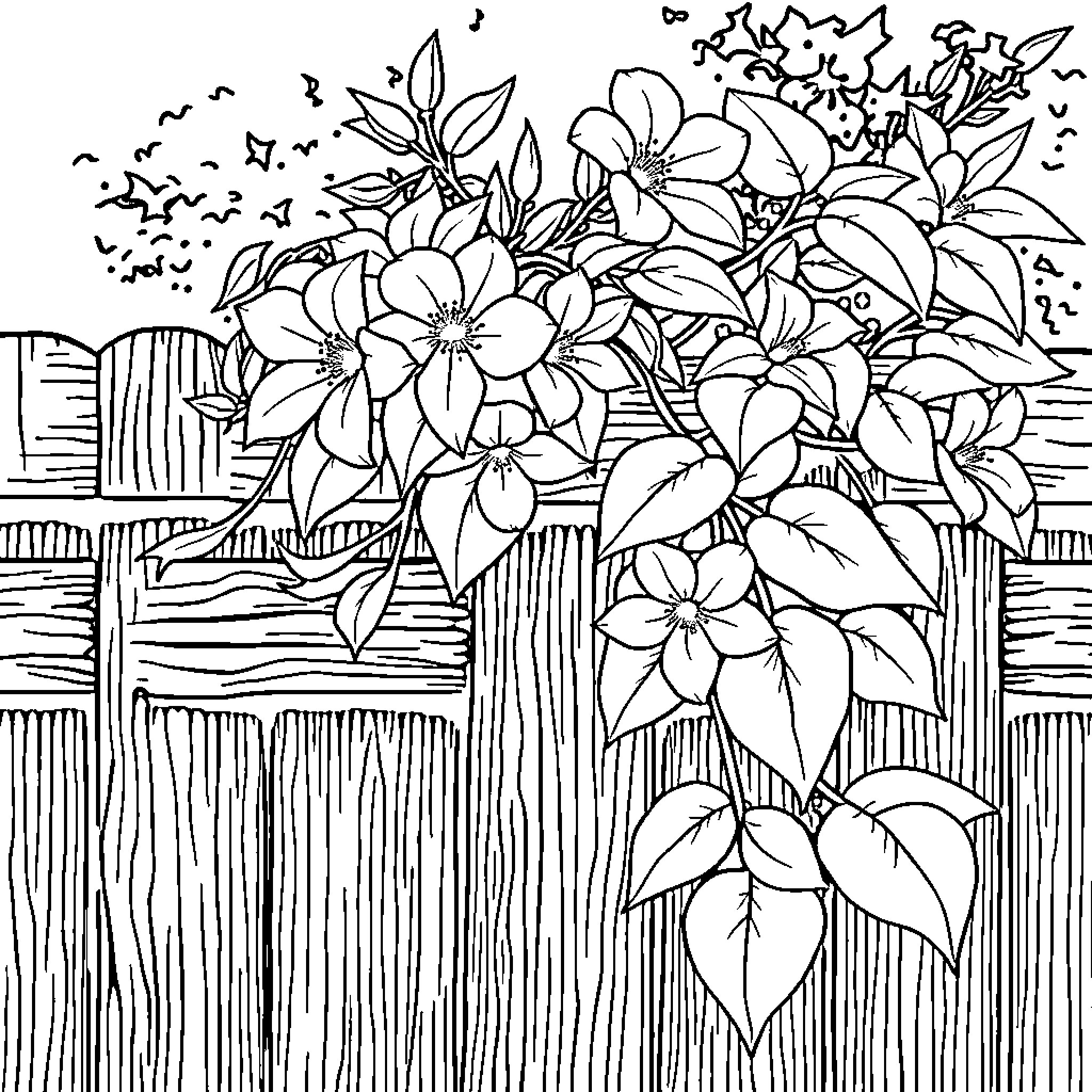Honeysuckle flowers blooming in the garden Coloring Page (free black-and-white line drawing printable PDF for all, from beginners to advanced learners, including children, teens, adults, and seniors)