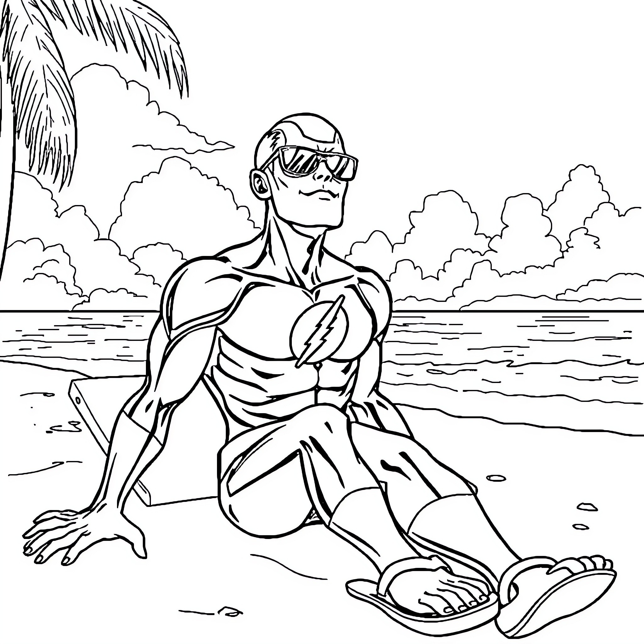 Flash enjoying the beach scene in the sun Coloring Page (free black-and-white line drawing printable PDF for all, from beginners to advanced learners, including children, teens, adults, and seniors)